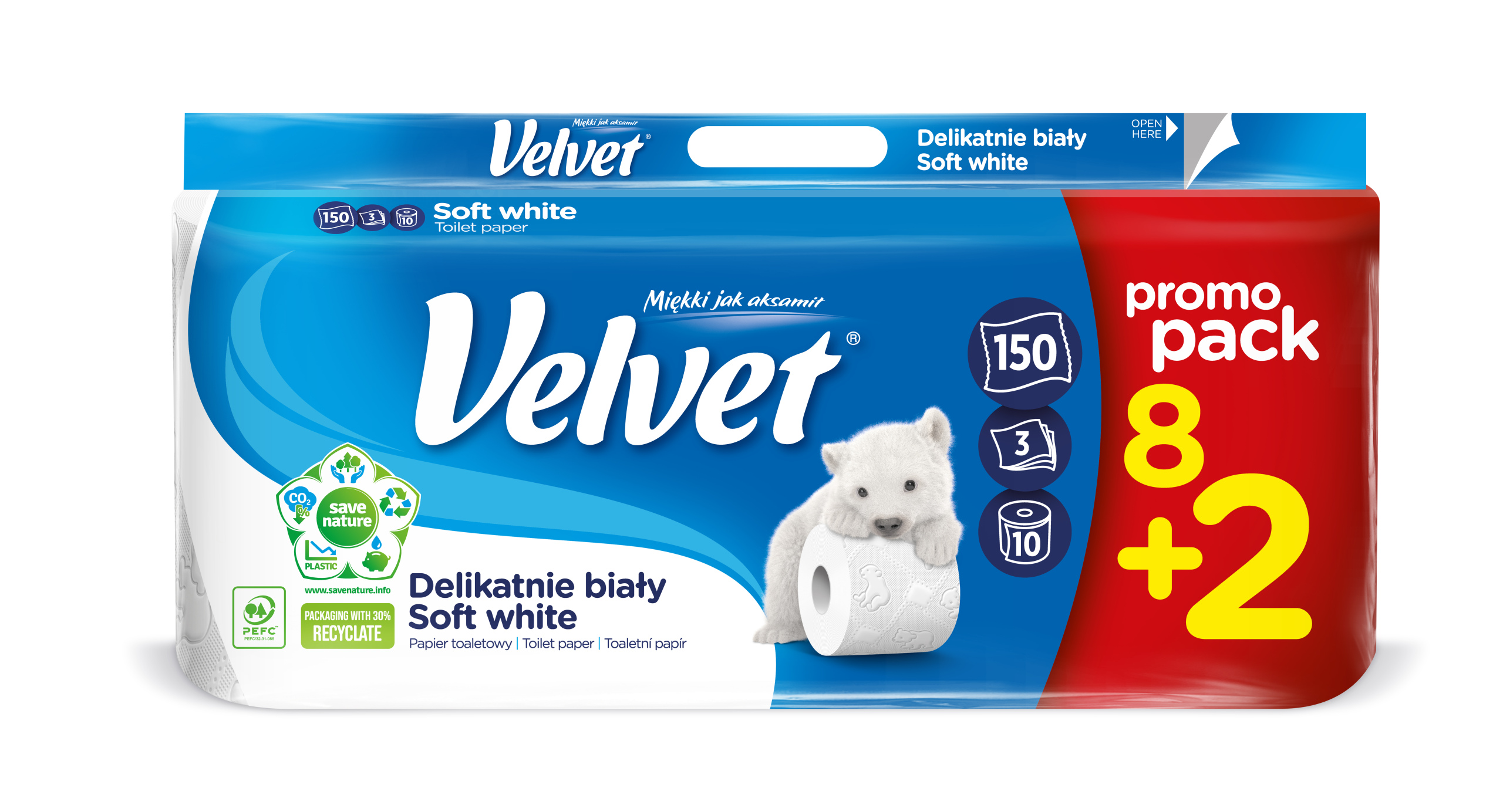 PAPIER TOALETOWY VELVET DELIKATNIE BIAŁY 8+2 ROLEK