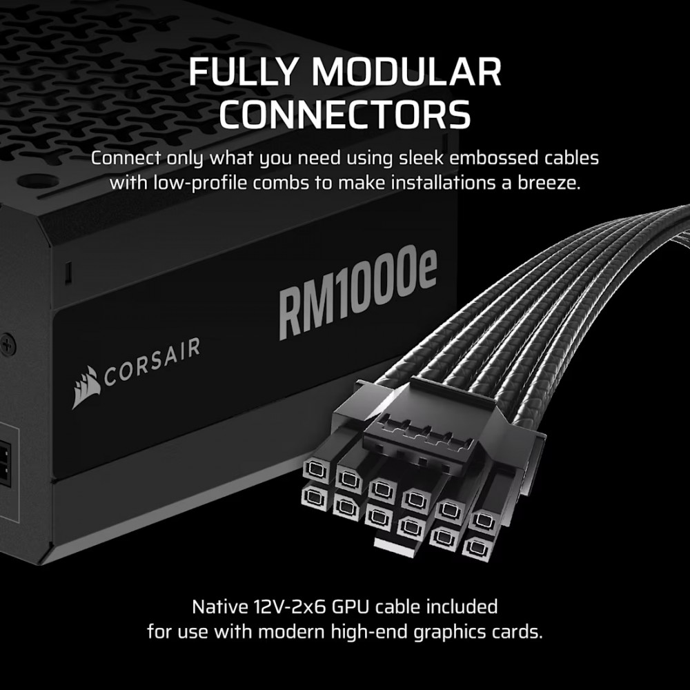 CORSAIR RM1000e, 1000 Watt, ATX 3.1, PCIe 5.1, Cybenetics GOLD Certified, Fully Modular — 8