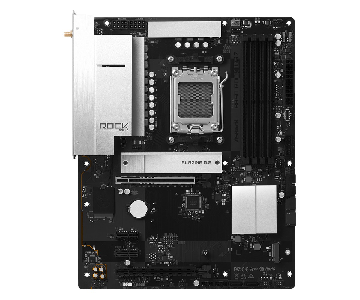 ASROCK MB Desktop B850 Rock WiFi 7, AM5, 4x DDR5, 1x PCIe 5.0 x16, 1x PCIe 4.0 x16, 1x Blazing M.2, 1x Hyper M.2, 4x SATA3, RAID 0, 1, 10, 7.1 CH HD Audio, 1x HDMI, 8x USB 3.2, 8x USB 2.0, 2x USB-C, 2.5G LAN, 2x Wi-Fi 7, BT, 1x HDMI, 1x SPDIF, ATX — 11