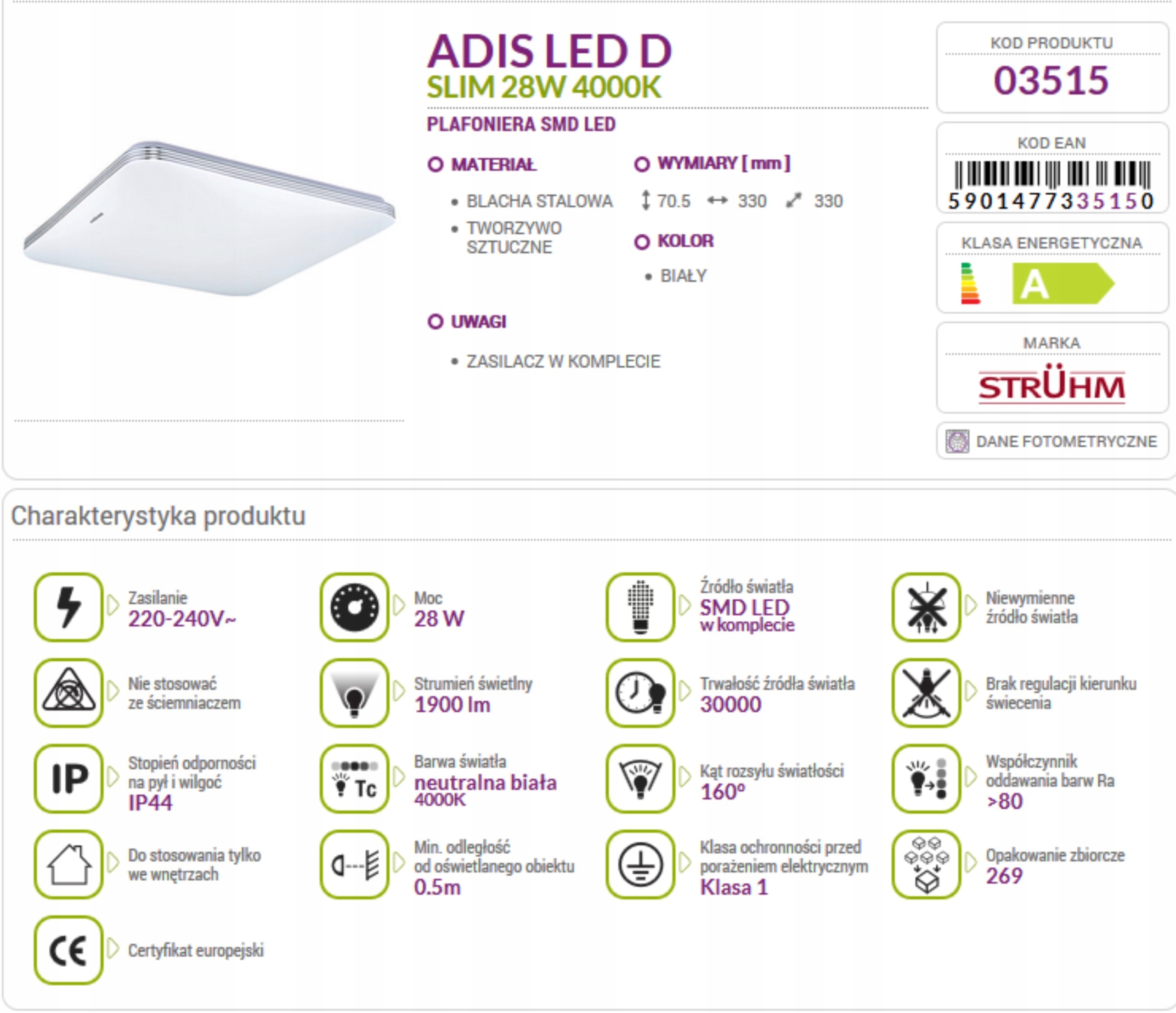 LAMPA OPRAWA PLAFON ADIS LED 28W IP44 IDEUS 22674 Kod producenta 03515