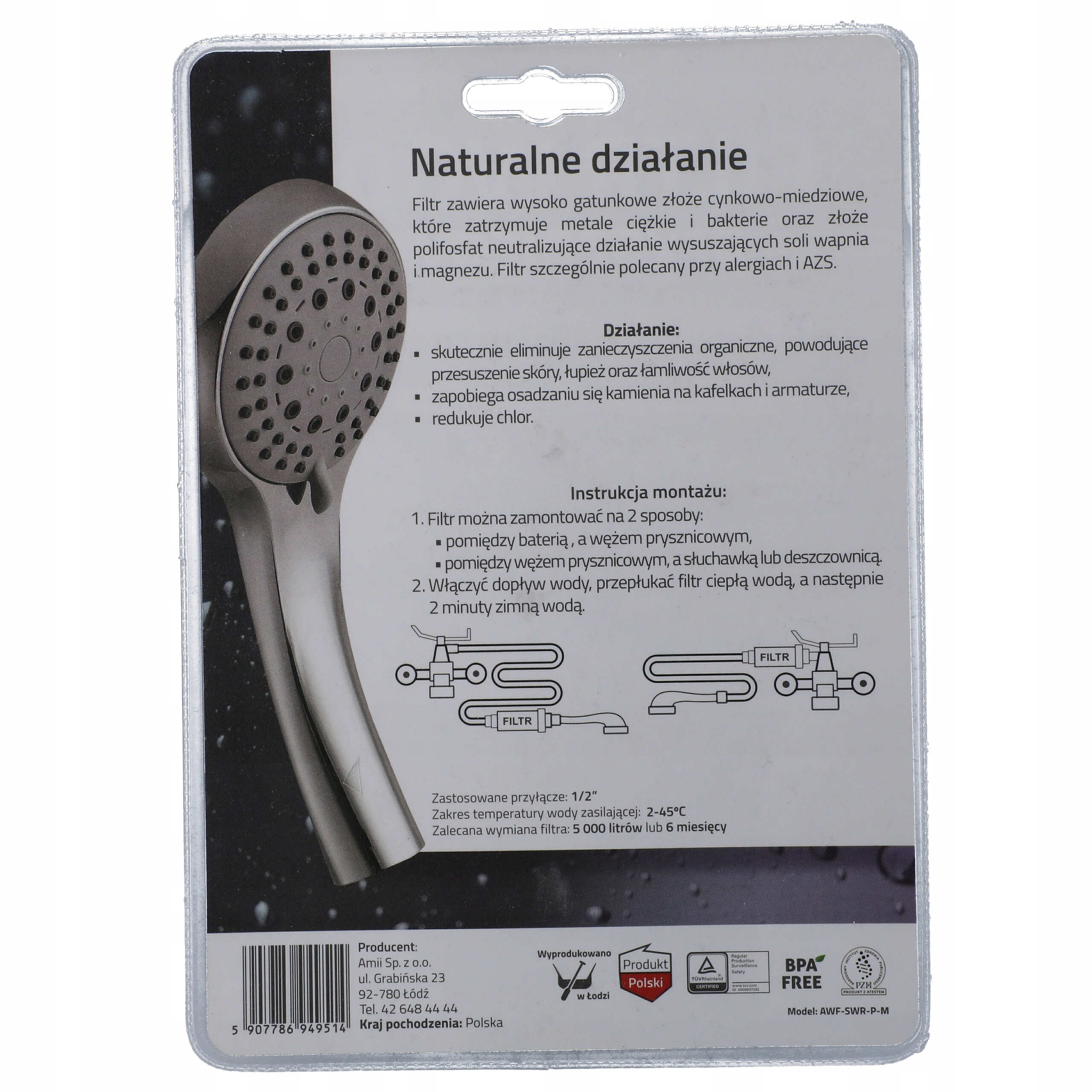 FILTR do WODY PRYSZNICOWY Fit Aqua AWF-SWR-P Biały Stan opakowania oryginalne