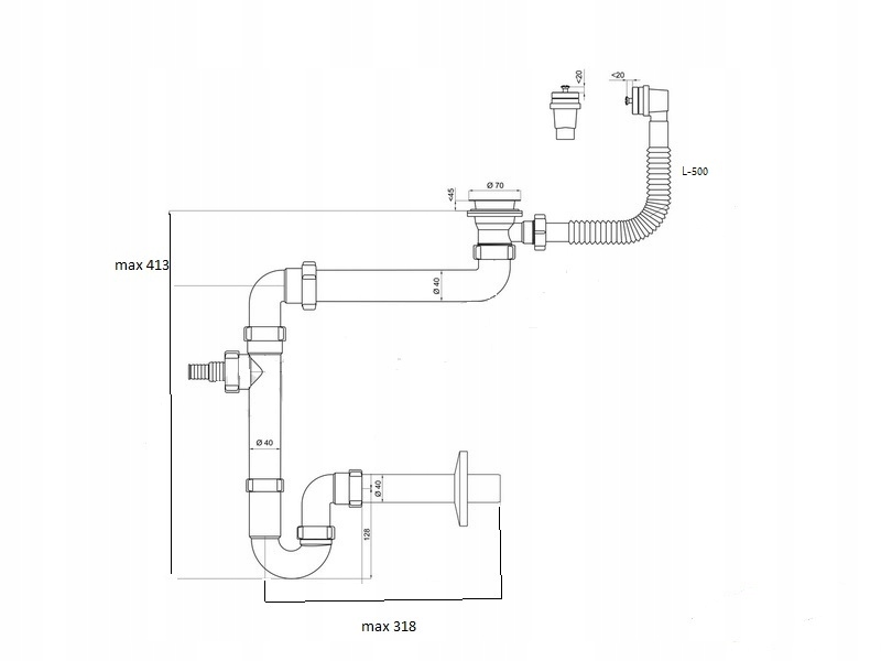 Syfon do zlewu pojedynczego przyścienny oszczędzający miejsce Materiał tworzywo sztuczne