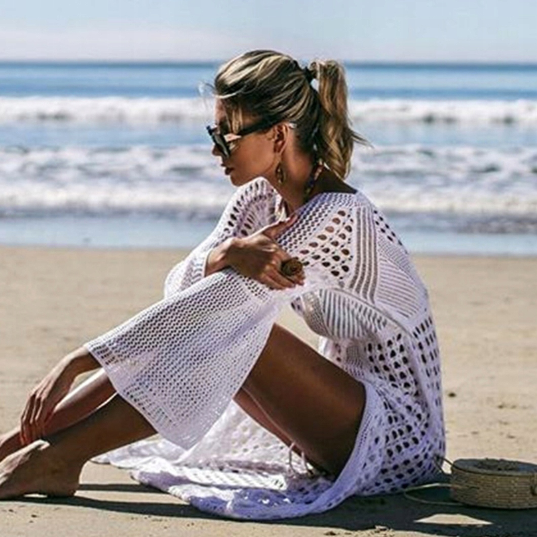 PAREO ażurowe TUNIKA plażowa DŁUGA biała BOHO Wzór dominujący bez wzoru