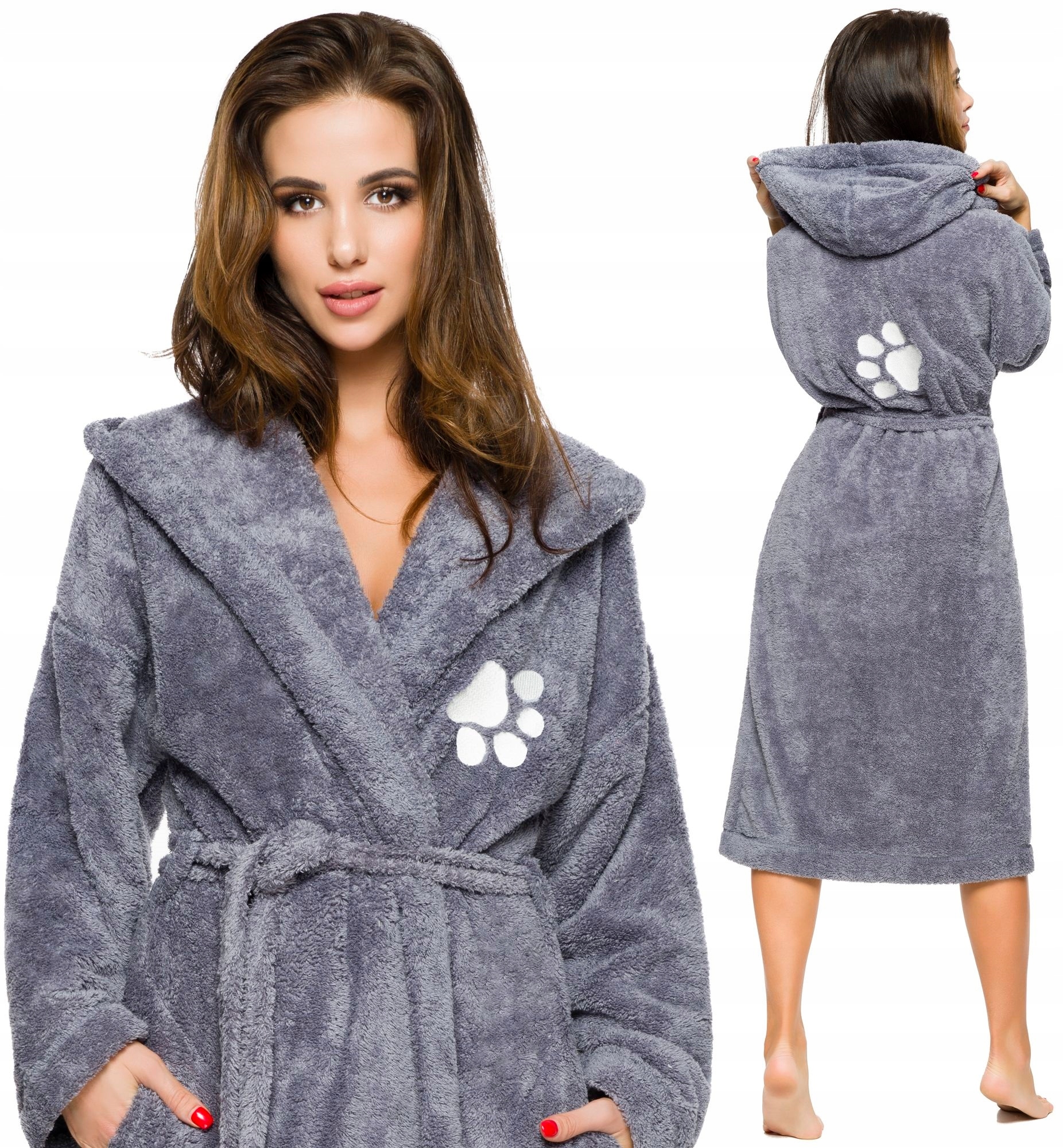 DŁUGI PUCHOWY DAMSKI SZLAFROK PODOMKA ŁAPKA XL