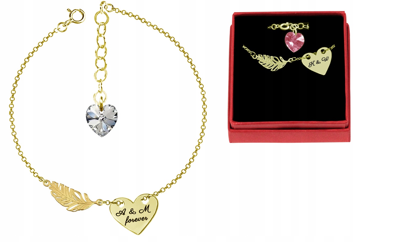 

Bransoletka Piórko Serce Grawer Z Kr.swarovski 24K