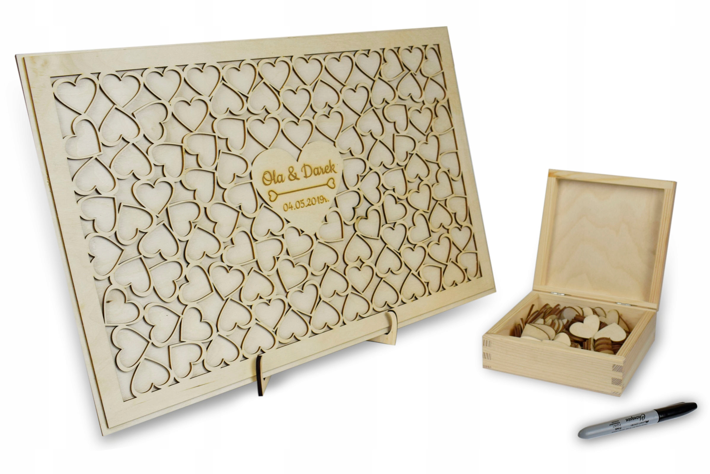 

Drewniana księga gości na ślub, serca, zestaw