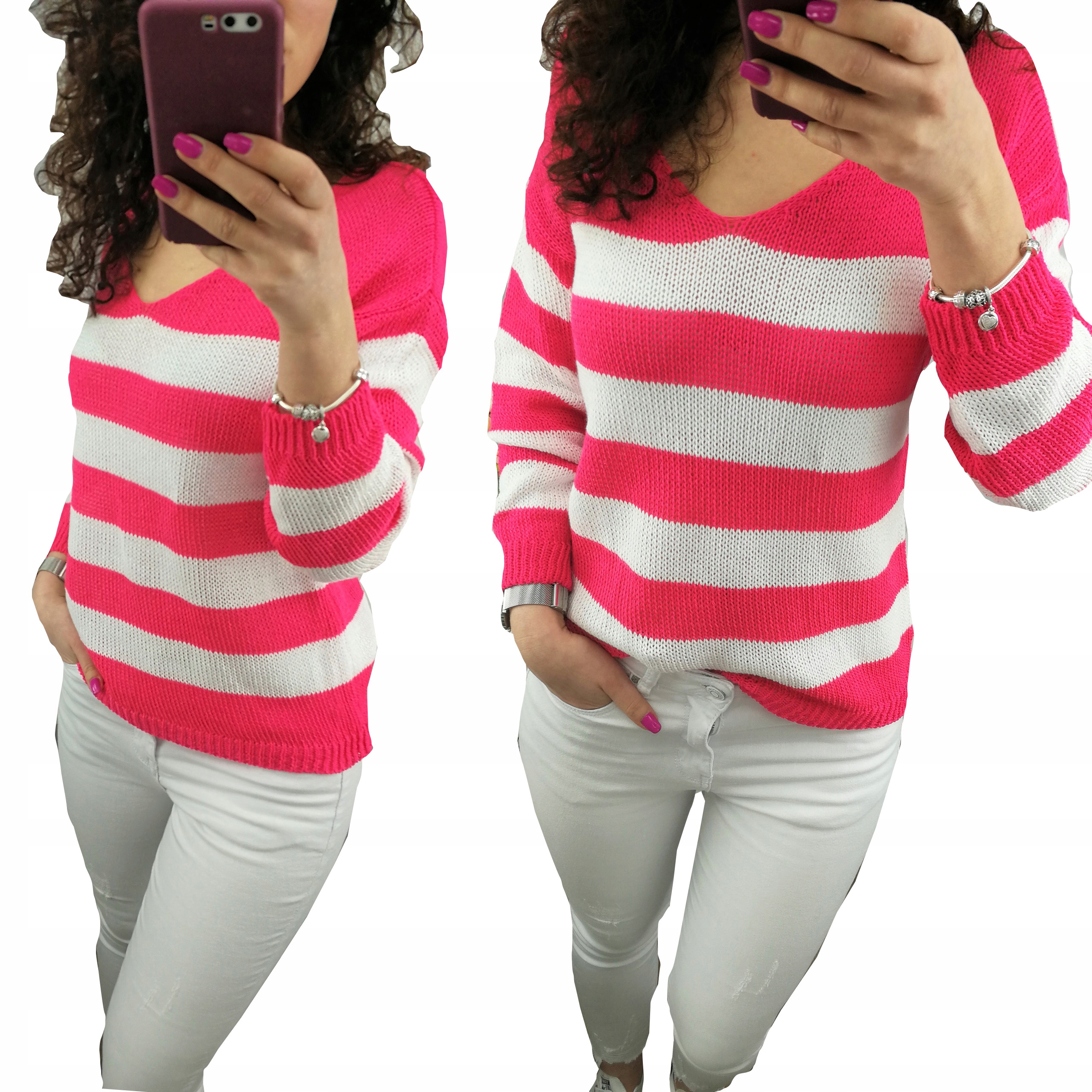 

Sweter Pasy Damski Neon W Serek Pastel Dekolt V