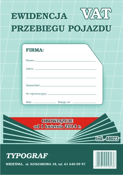 

Ewidencja przebiegu pojazdu Vat A5 48023 Typograf