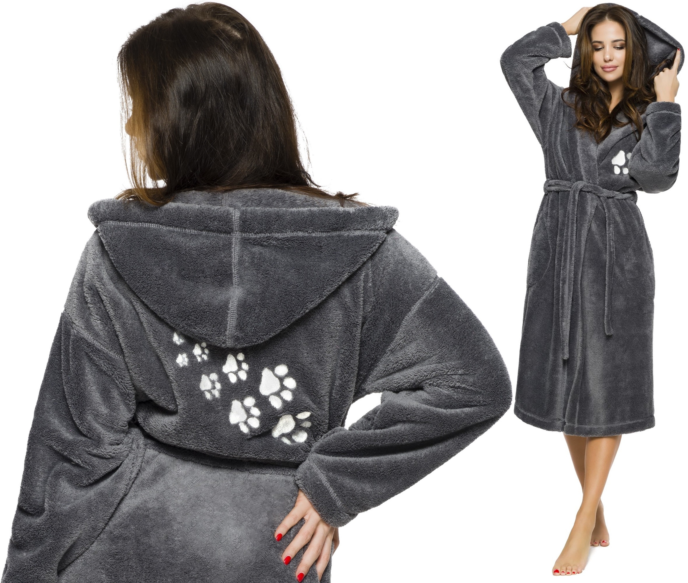 DŁUGI PUCHOWY DAMSKI SZLAFROK PODOMKA ŁAPKA S