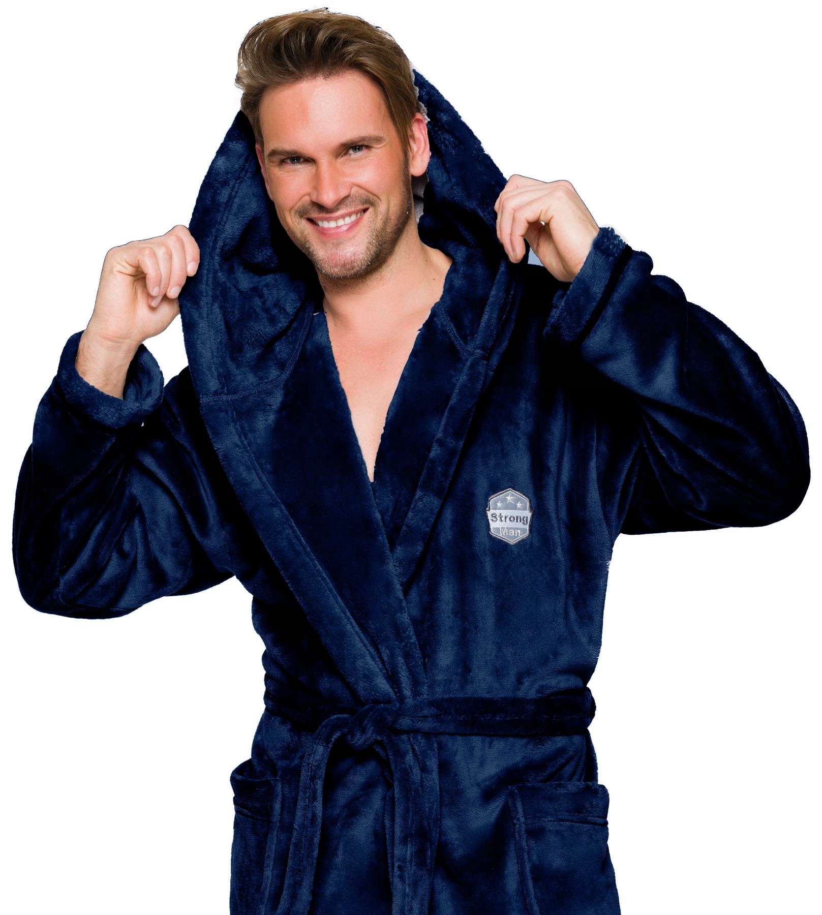 CIEPŁY MIŁY DŁUGI SZLAFROK MĘSKI Z KAPTUREM L Wzór dominujący inny wzór