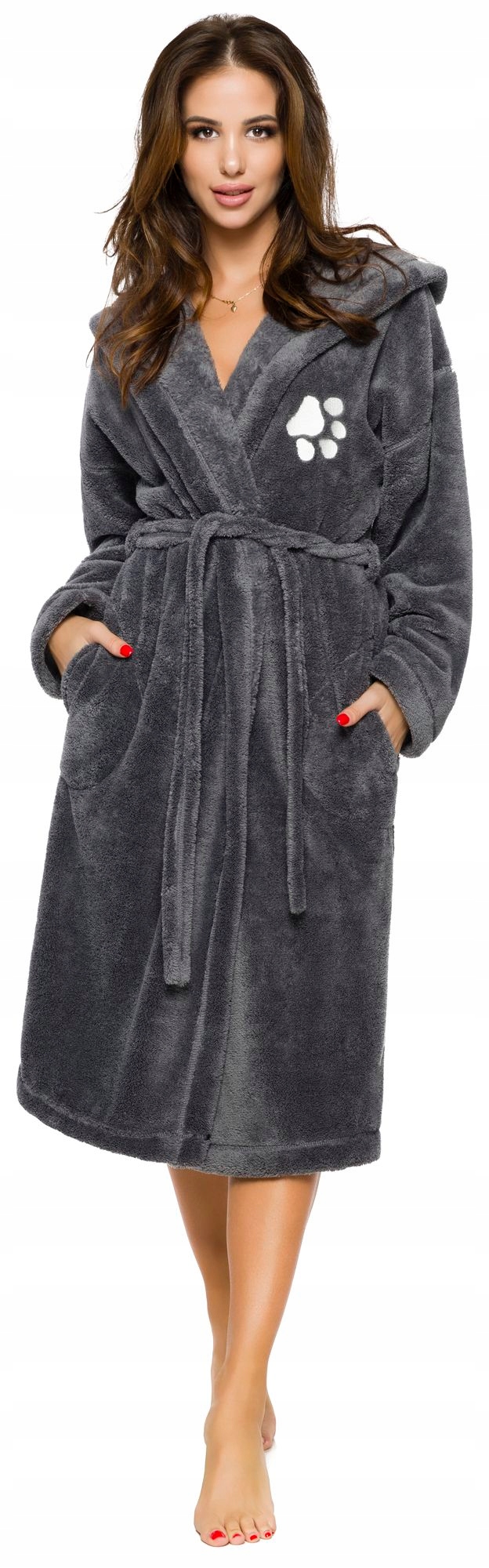 DŁUGI PUCHOWY DAMSKI SZLAFROK PODOMKA ŁAPKA S Marka L&L