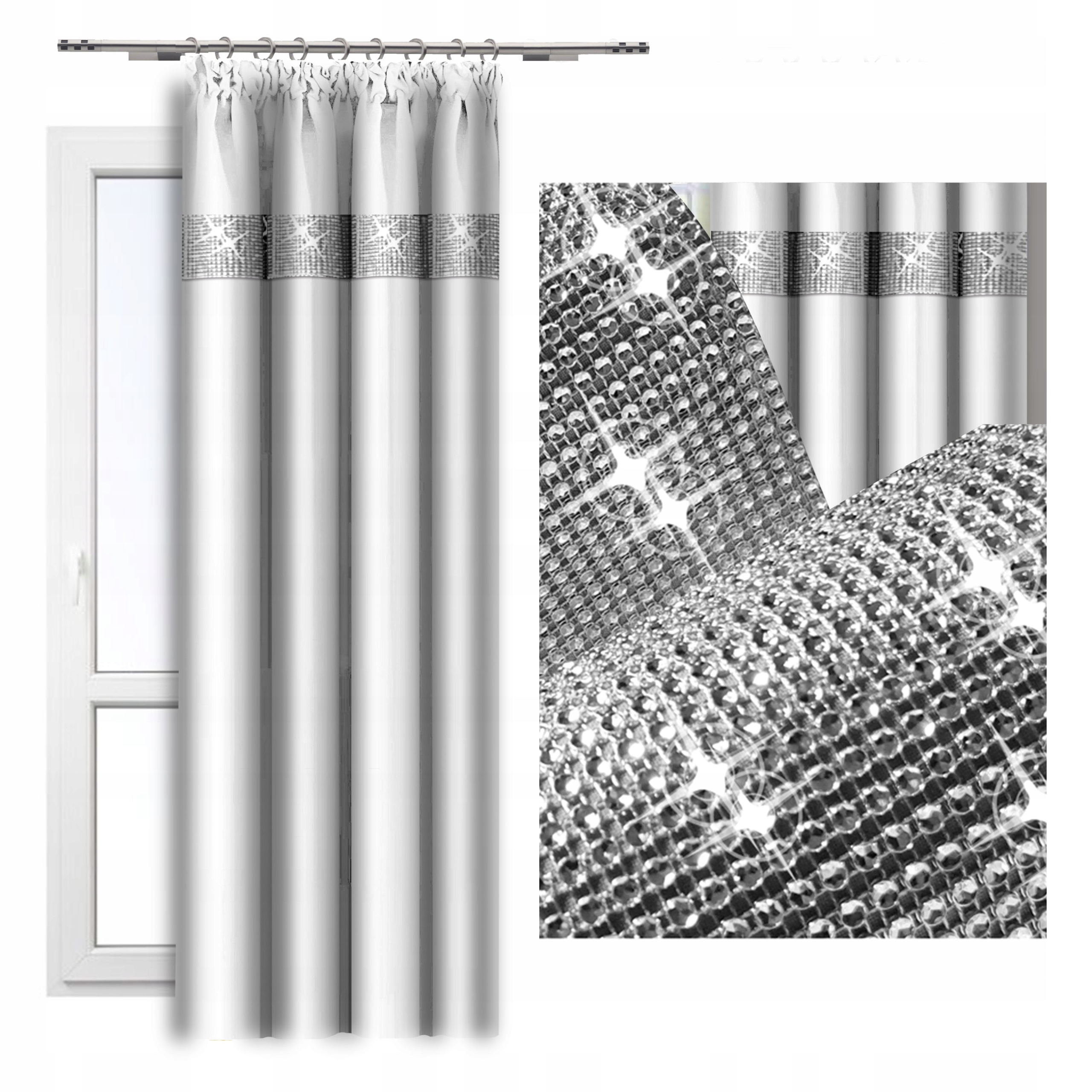 

Zasłona na Taśmie Cyrkonie 140x250 Glamour biała