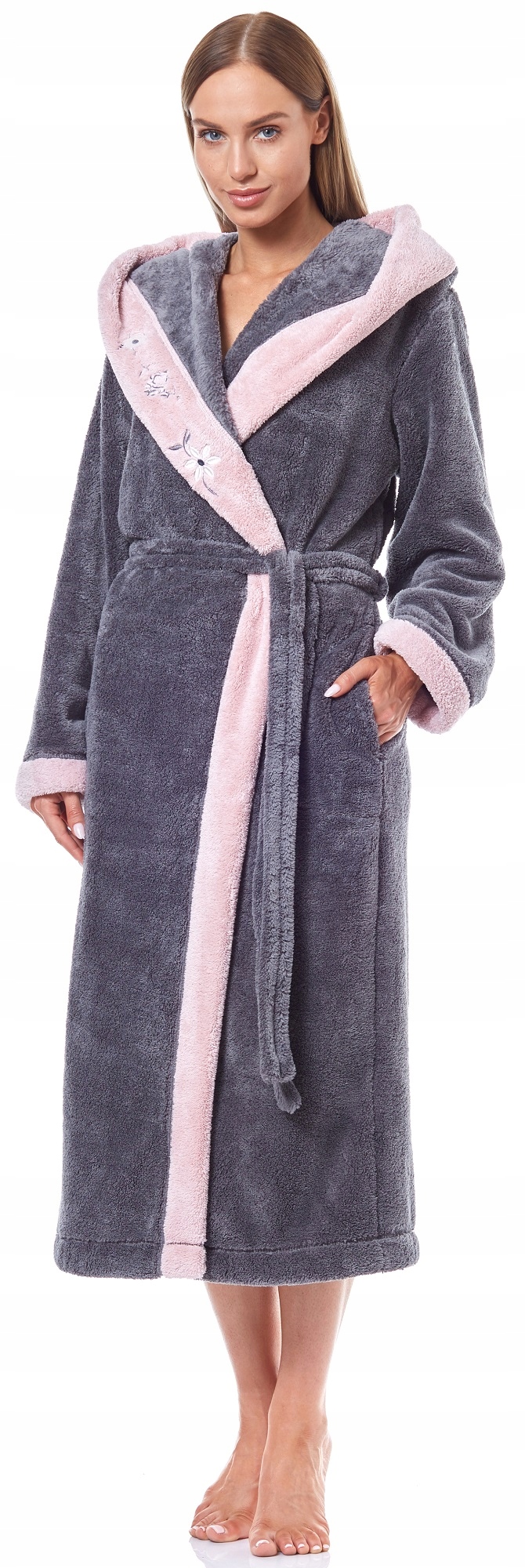 DŁUGI CIEPŁY PUCHOWY DAMSKI SZLAFROK PODOMKA L Kaptur z kapturem