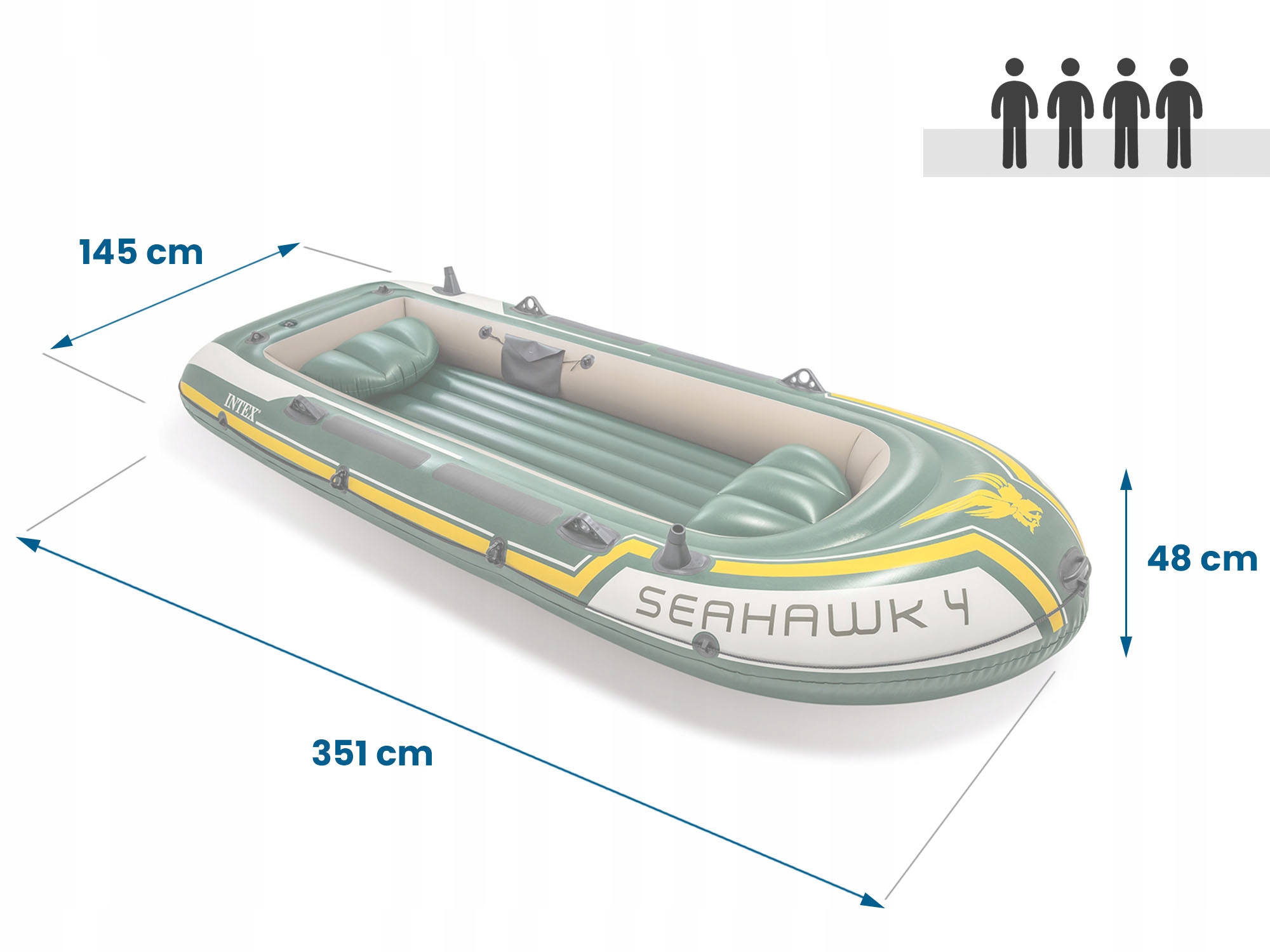 PONTON SEAHAWK 4 osobowy WIOSŁA POMPKA INTEX 68351 Cechy dodatkowe schowek siedziska uchwyty do przenoszenia uchwyty na wędki