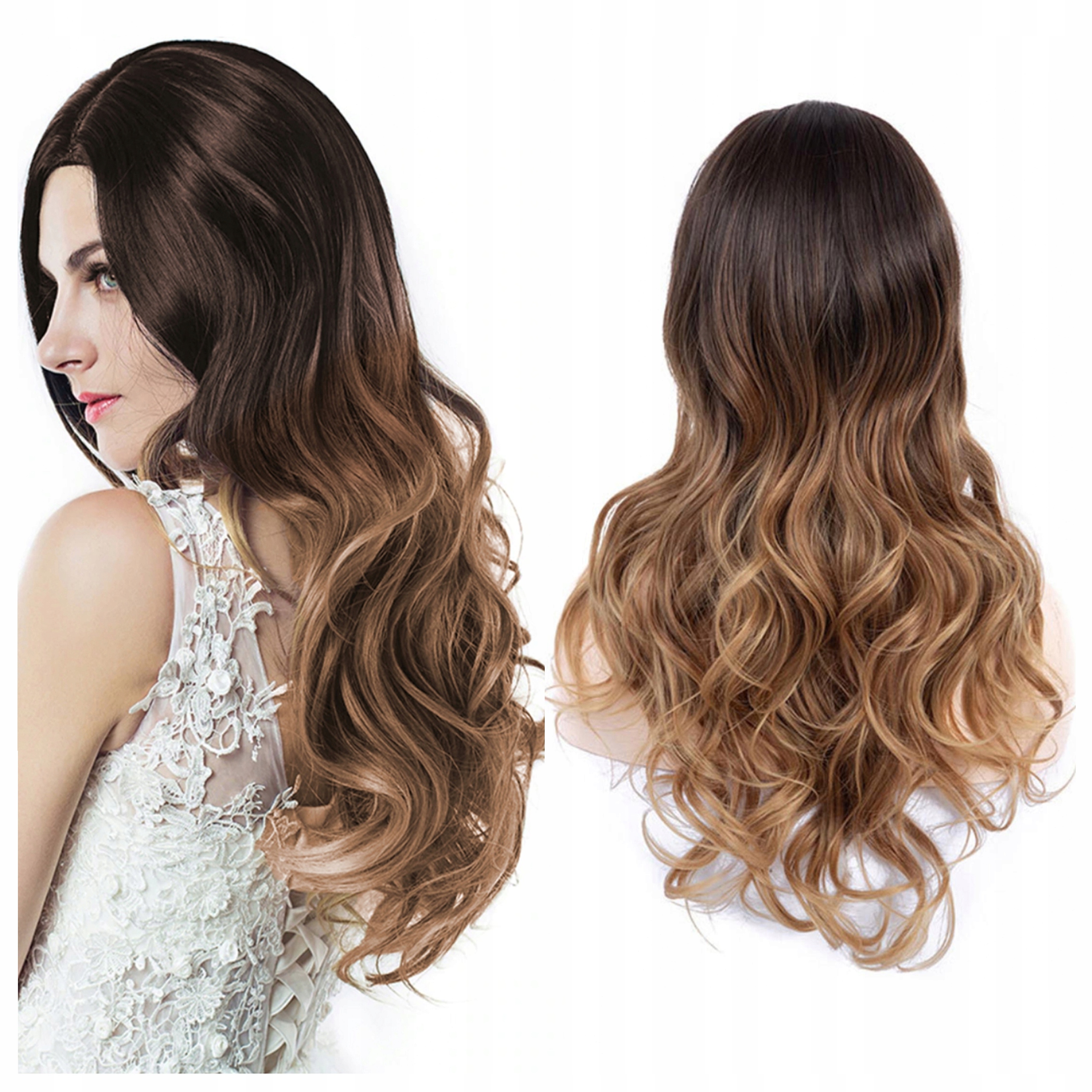 

Peruka długa Brąz Blond ombre loki kręcone włosy