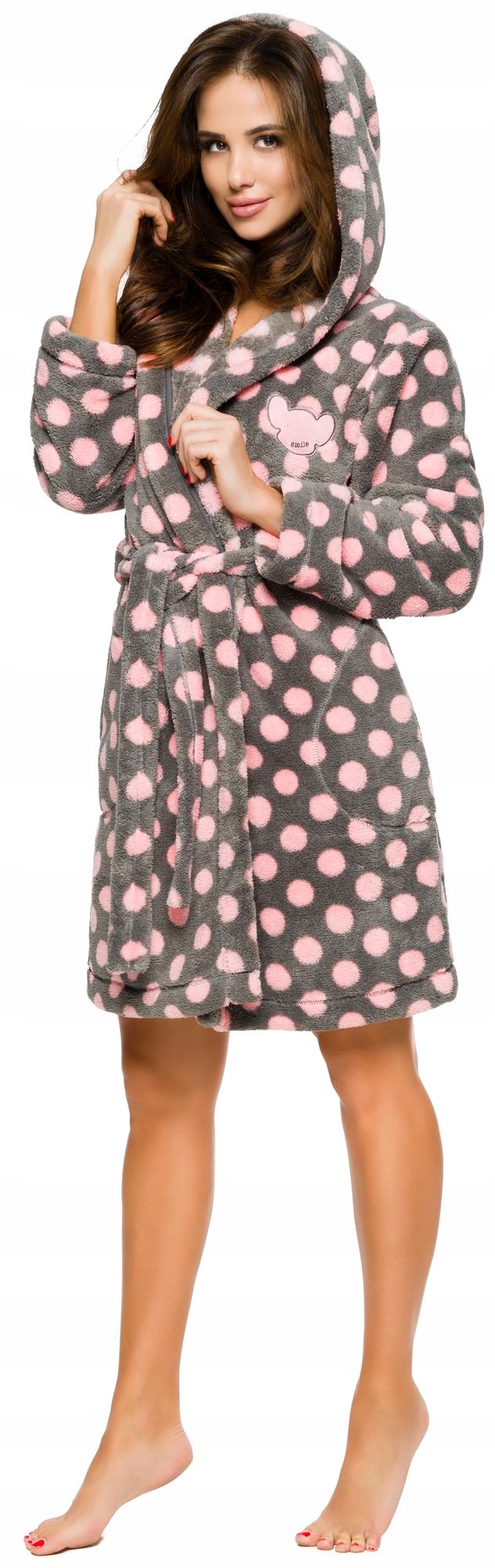 KRÓTKI PUCHOWY DAMSKI SZLAFROK - PODOMKA KROPKI L Rozmiar L