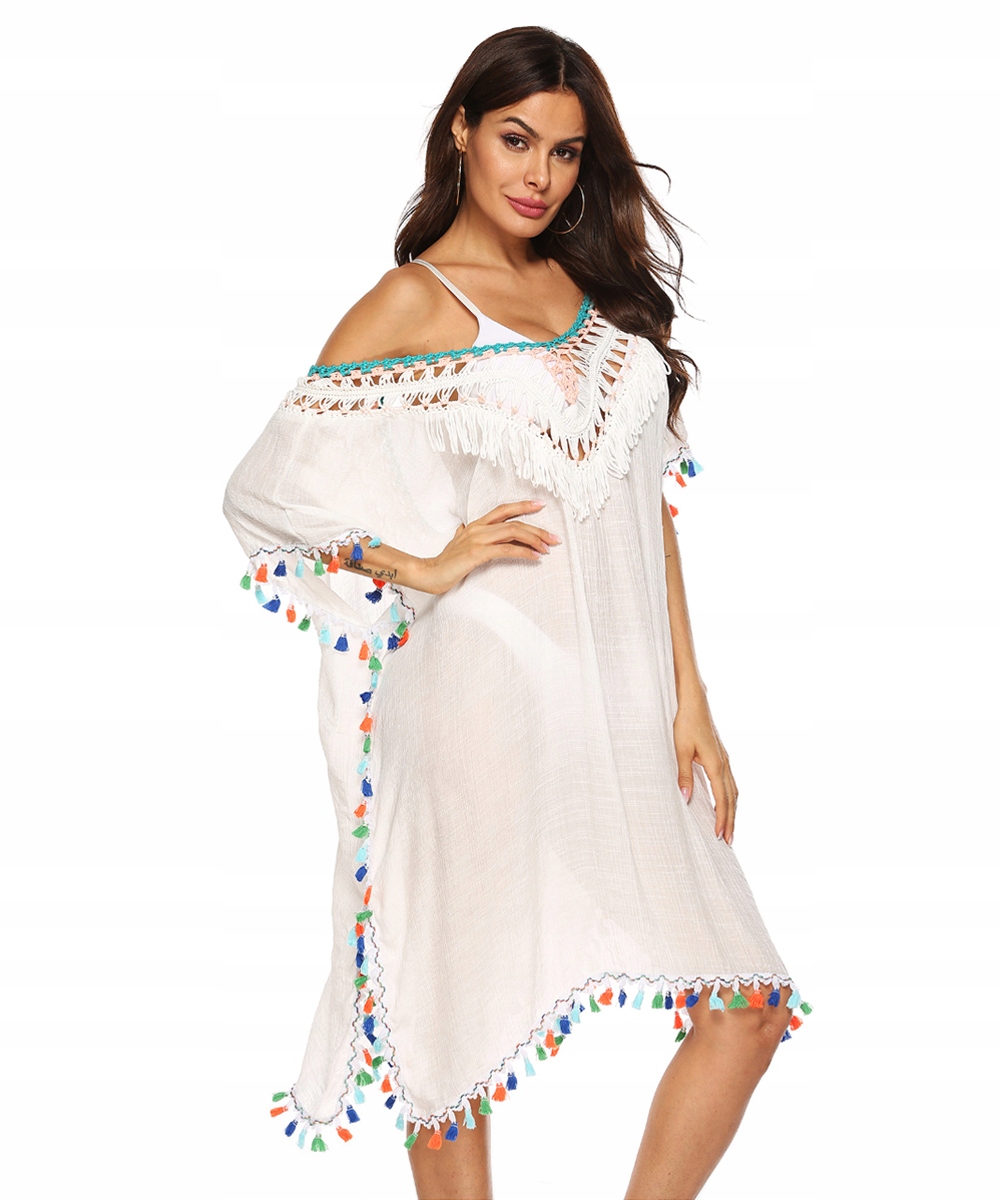 PAREO sukienka plażowa boho HAFT dekolt tunika Materiał dominujący poliester