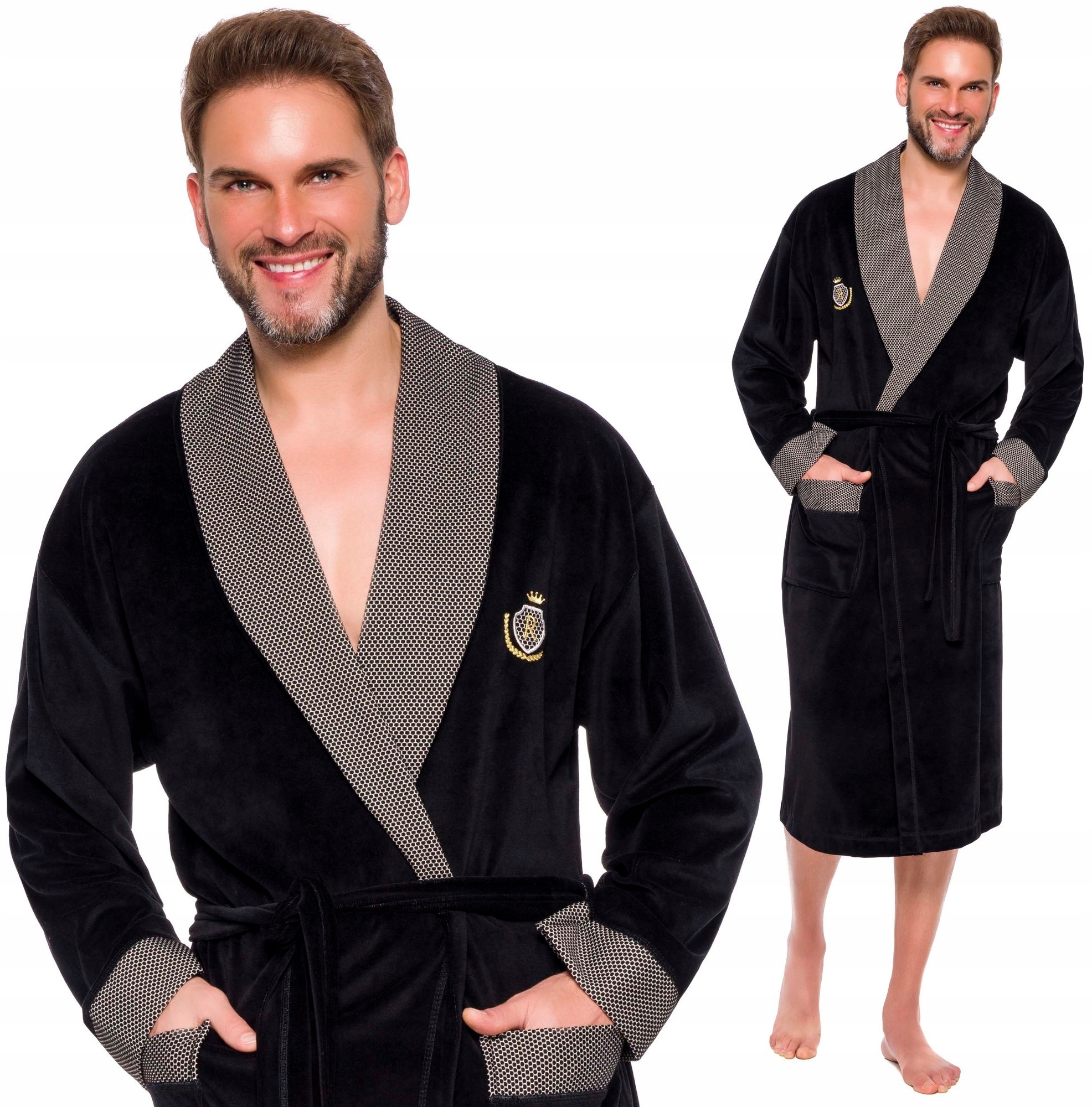 WELUROWY SZLAFROK MĘSKI - ATŁASOWY KOŁNIERZ M