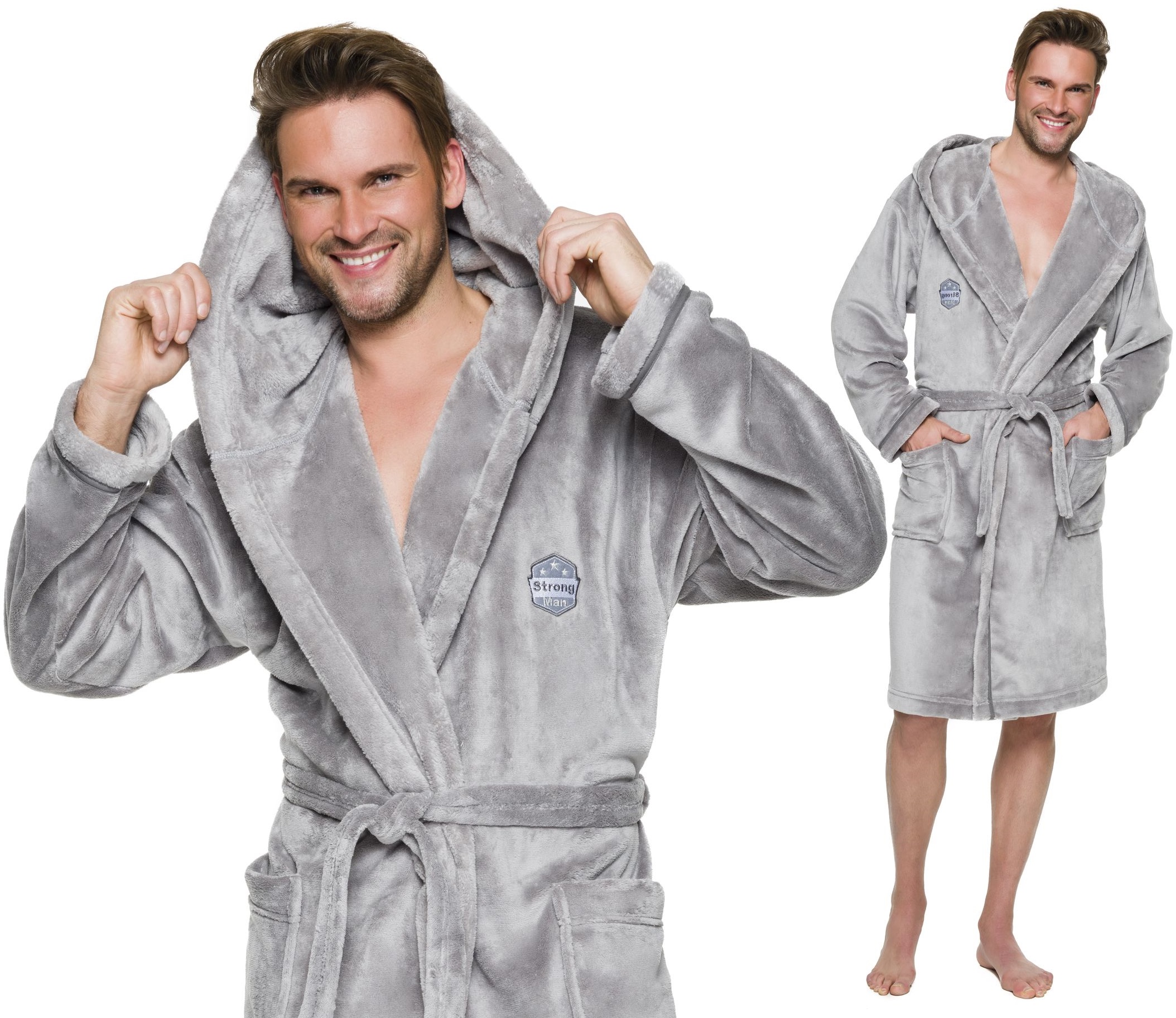 CIEPŁY MIŁY DŁUGI SZLAFROK MĘSKI Z KAPTUREM XXL