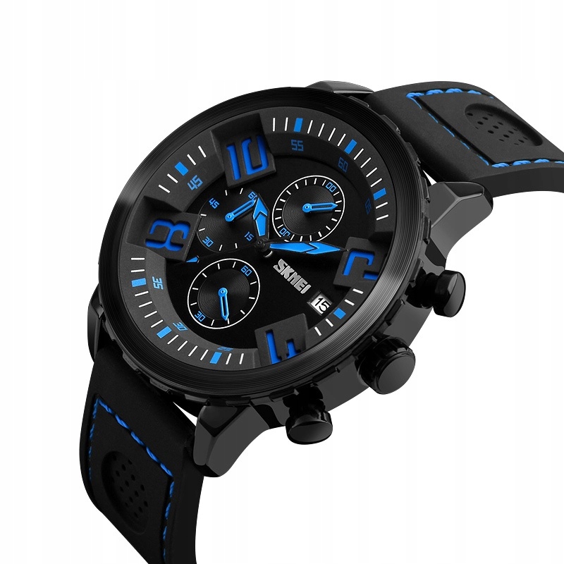 

Męski zegarek chrono skóra przeszycia efekt 3D