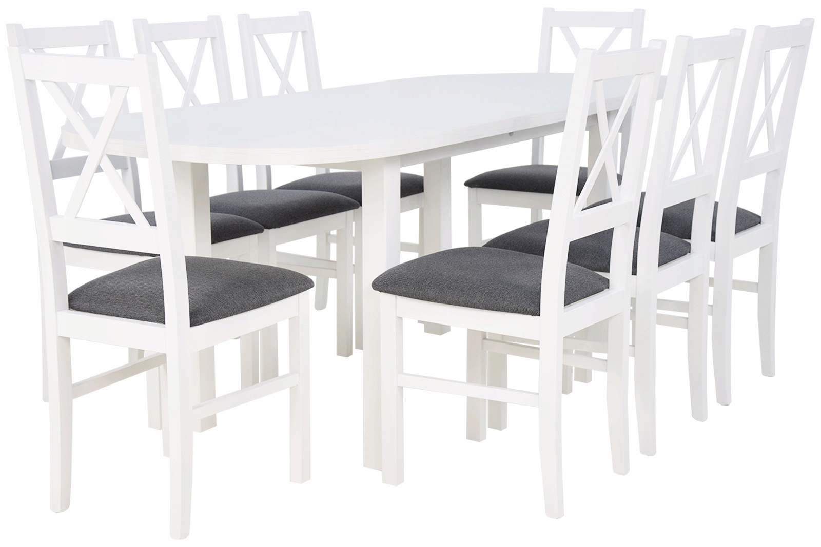 BIELA 80/160/200 SET Stôl a 8 stoličiek z dreva