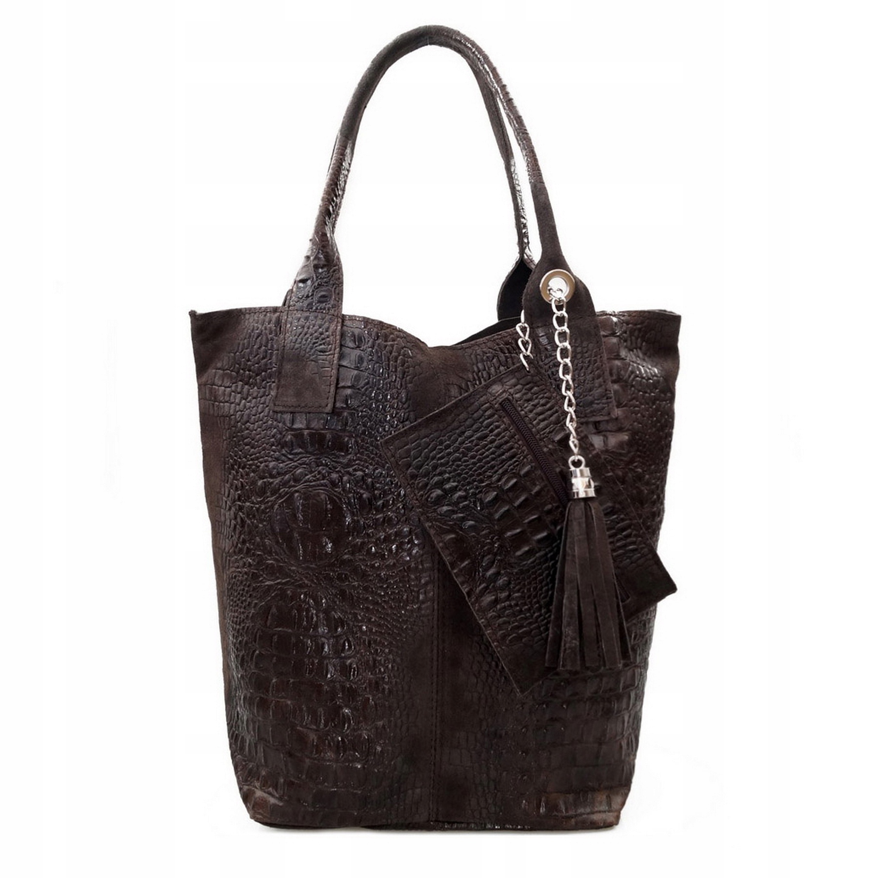 

Torebka Skórzana zamsz shopper kroko V141 c.brąz