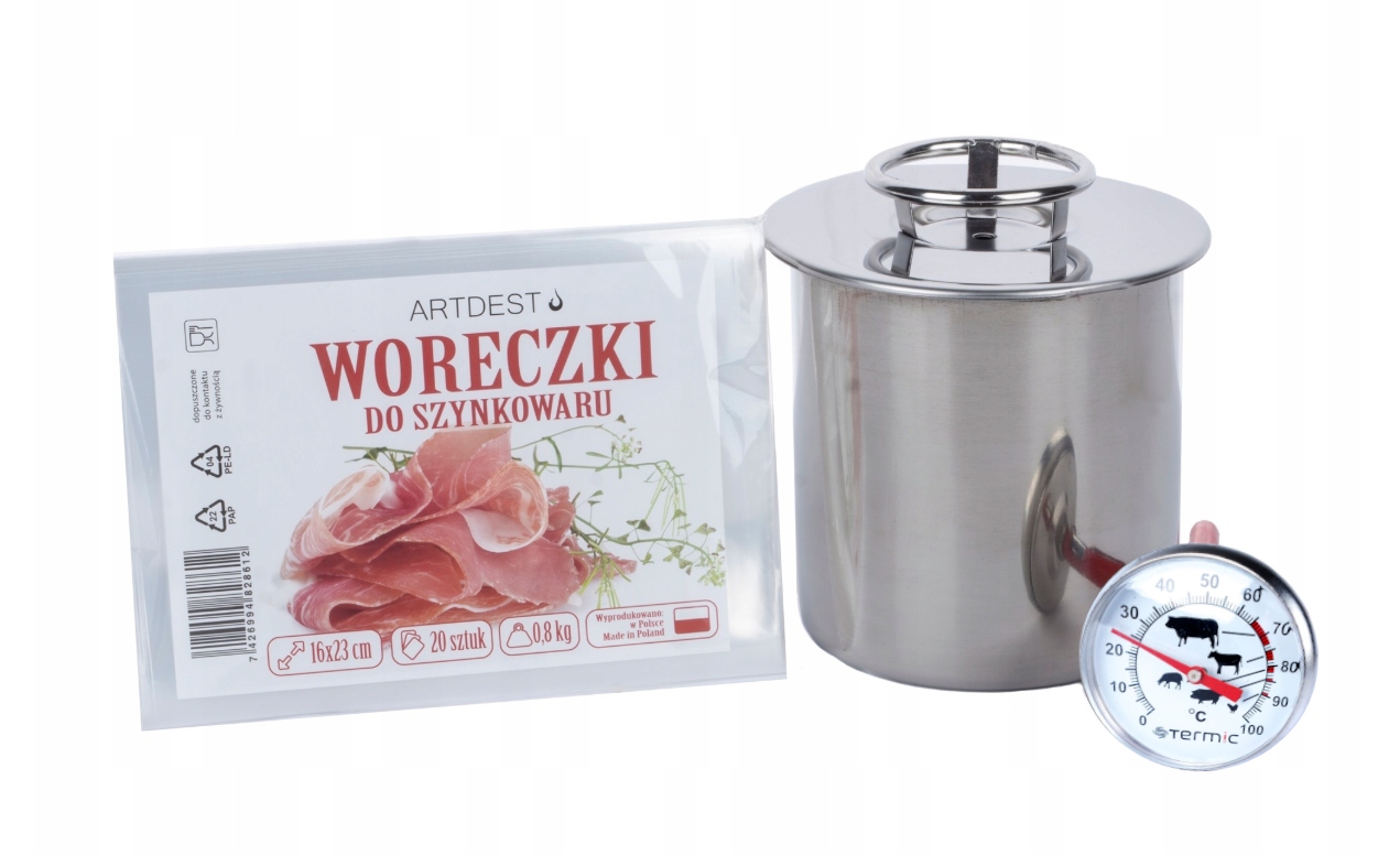 

Zestaw Szynkowar 0,8kg Termometr Woreczki 20 szt.