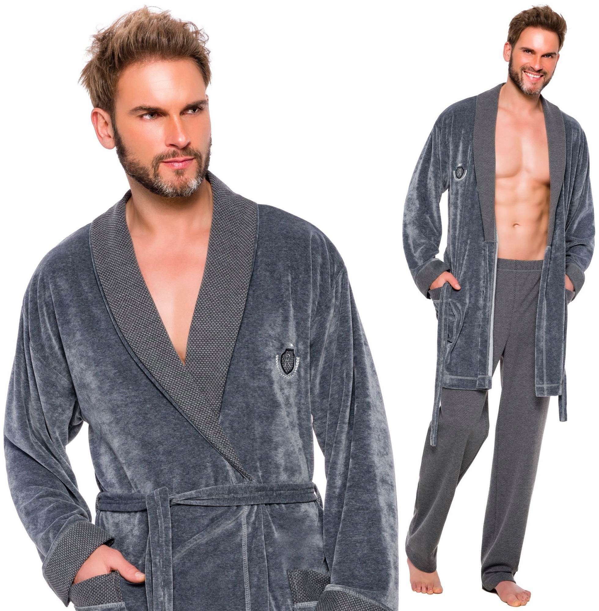 SZLAFROK MĘSKI BONŻURKA WELUR ATŁAS KOŁNIERZ XXL