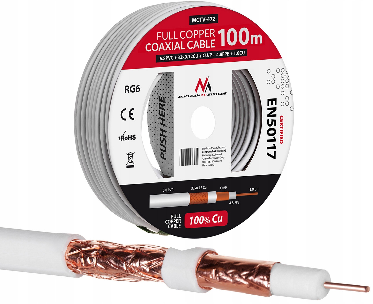 

Przewód kabel koncentryczny miedziany 100m RG6 Cu