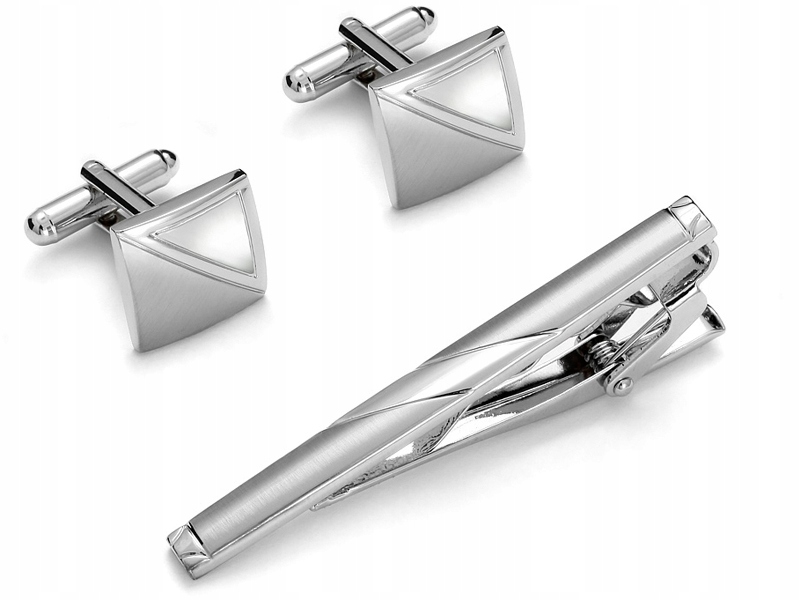 KOMPLET W PUDEŁKU Spinka do Krawata + Spinki do Mankietów Metalowe ks24 Stan opakowania oryginalne