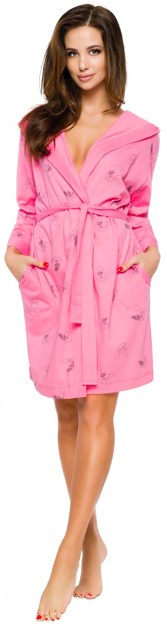 BAWEŁNIANY LEKKI SZLAFROK DAMSKI BULDOGI PODOMKA S Rękaw rękaw 3/4