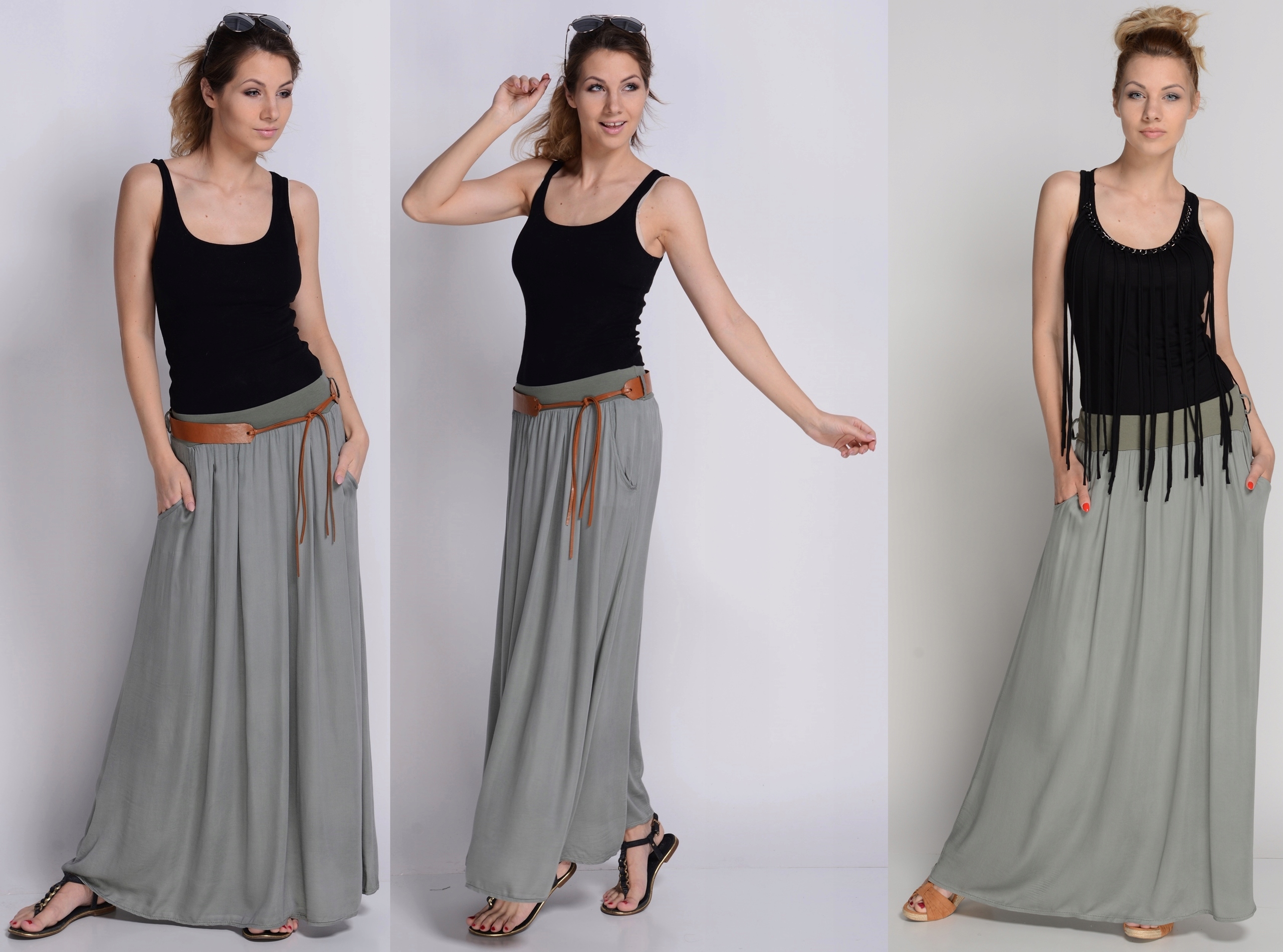 MAXI DŁUGA ZWIEWNA SPÓDNICA z paskiem OLIWKA Model spódnica boho