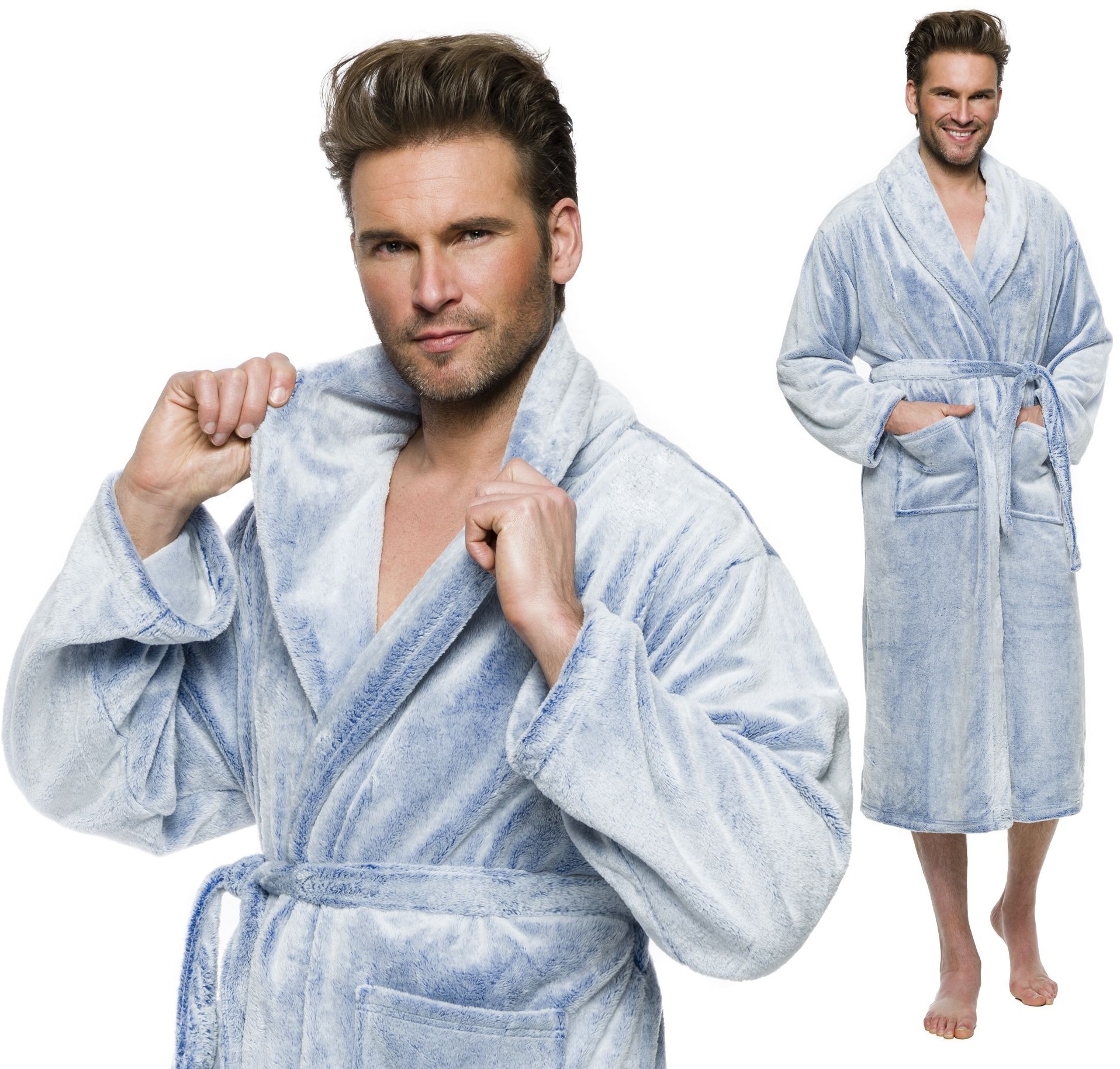 CIEPŁY MIŁY DŁUGI SZLAFROK MĘSKI Z KOŁNIERZEM M