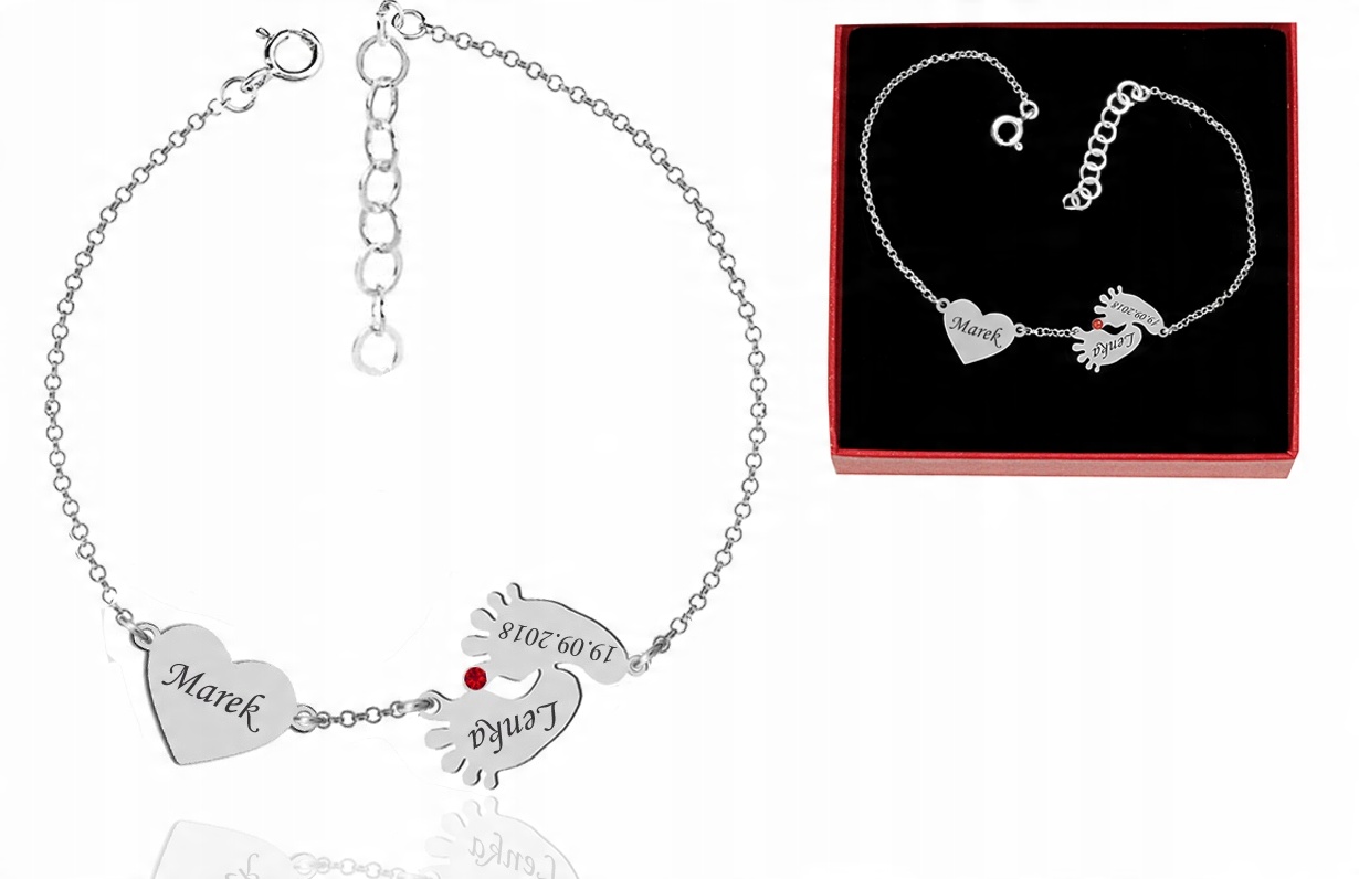

Srebrna Bransoletka Stópki Serce Grawer Swarovski