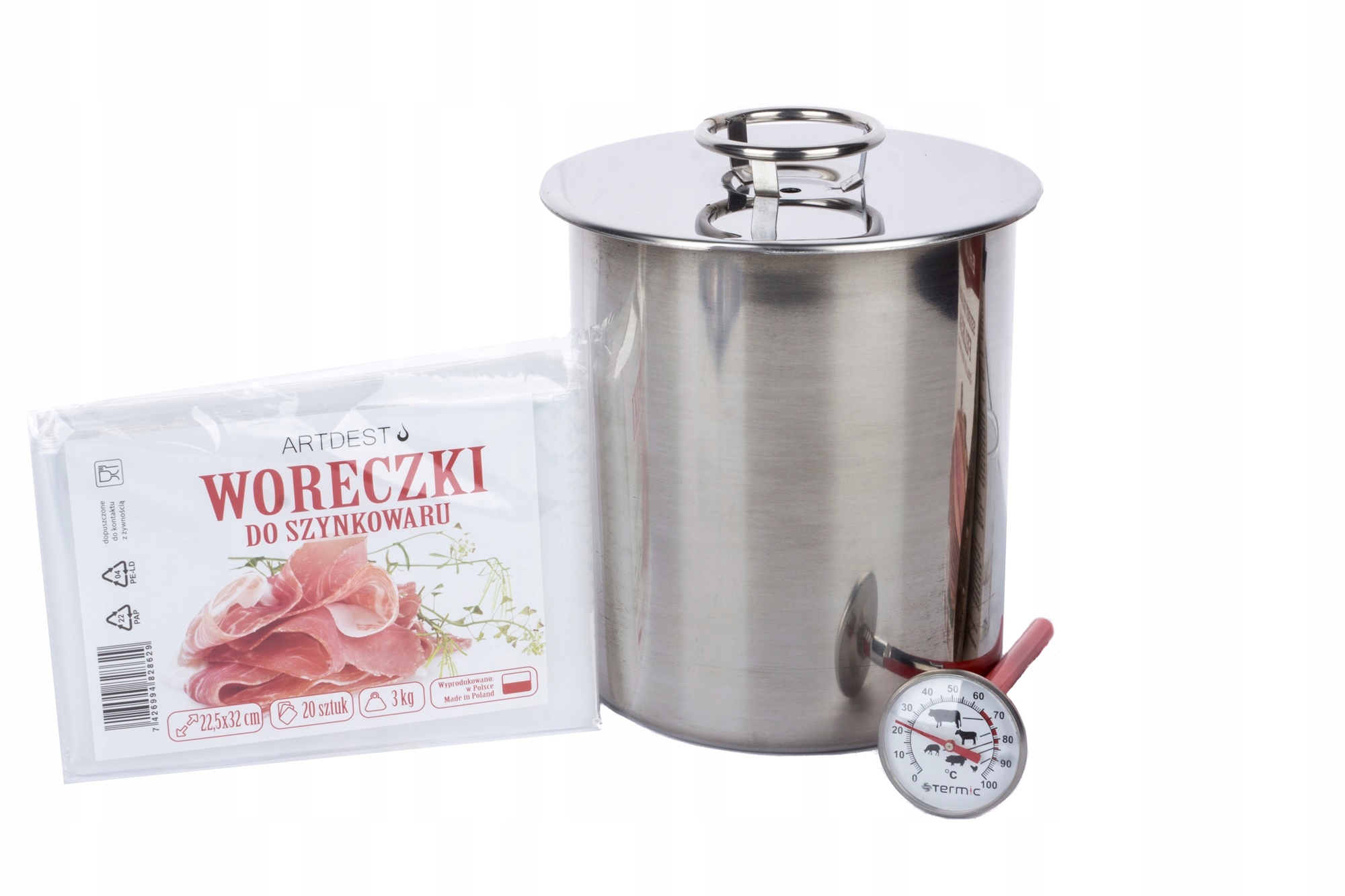 

Szynkowar nierdzewny 3 kg Termometr Woreczki 20szt