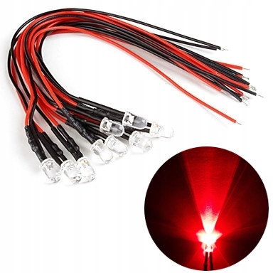 10x Dioda LED 5mm, 12V, RED, CLEAR, przewód 20 cm Marka bez marki