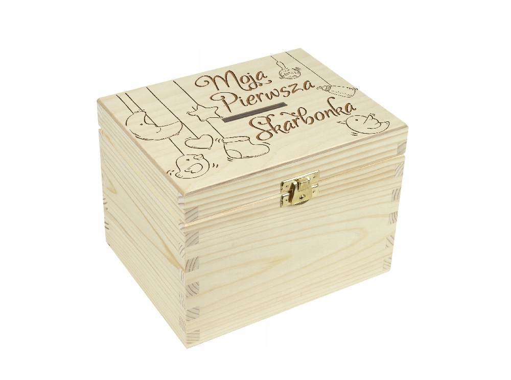 DREWNIANA ZAMYKANA skarbonka DZIECKO prezent XXL