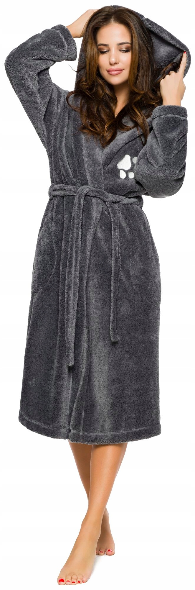 DŁUGI PUCHOWY DAMSKI SZLAFROK PODOMKA ŁAPKA L Rozmiar L