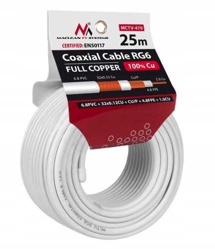 

Przewód kabel koncentryczny antenowy miedź Cu 25m