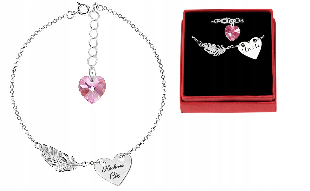 

Bransoletka Piórko Serce Grawer Z Kr.swarovski 925