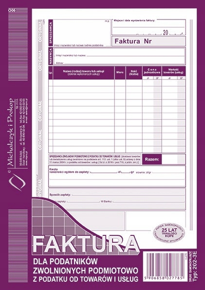 

Faktura dla podatników zwolnionych podmiot. 202-3E