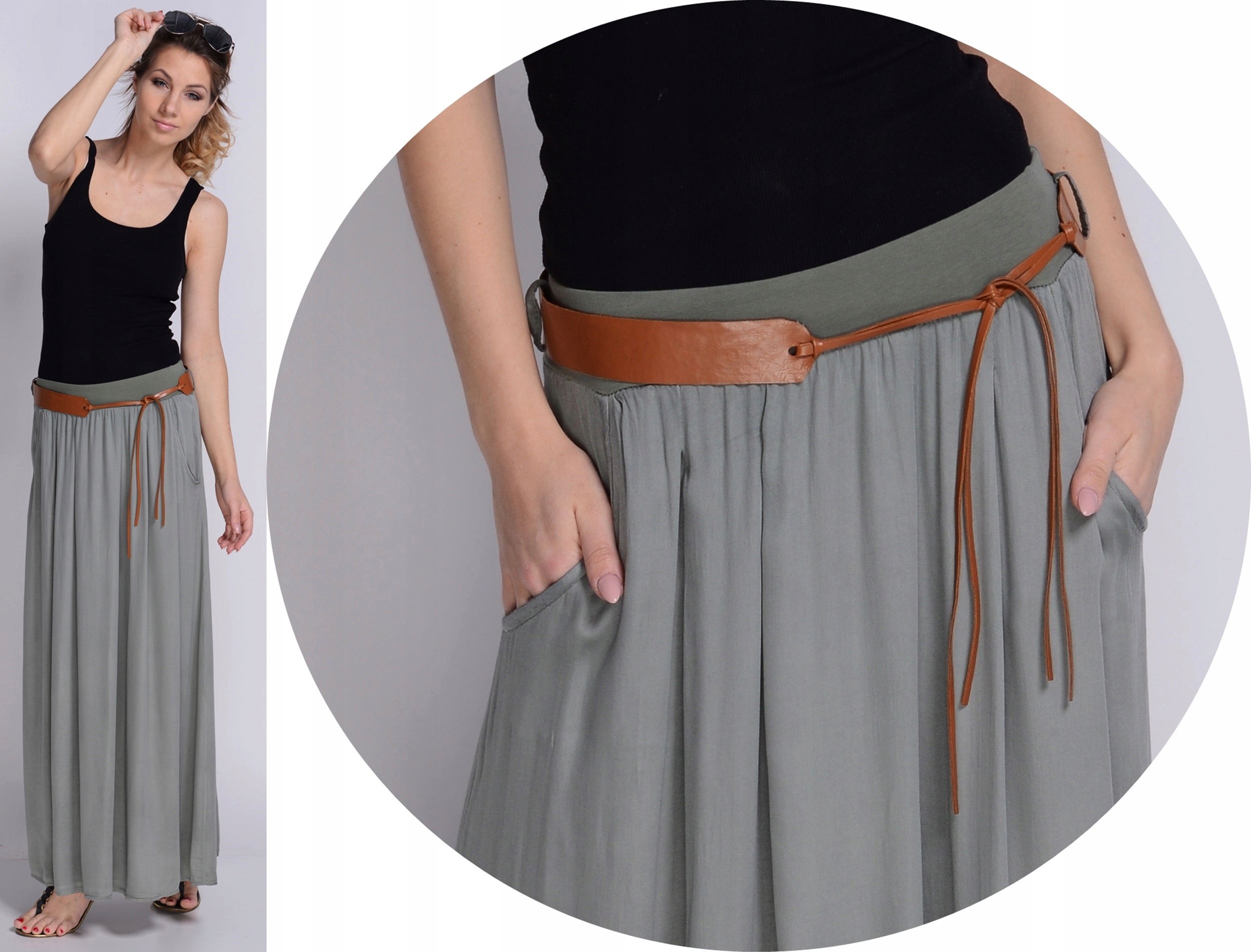 MAXI DŁUGA ZWIEWNA SPÓDNICA z paskiem OLIWKA Wzór dominujący inny wzór