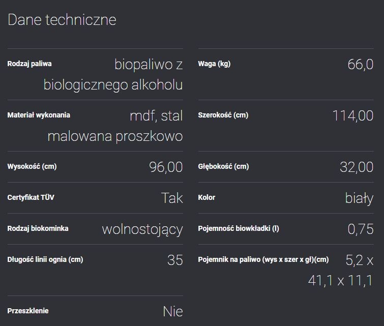 Biokominek bezdymny PINUS TUV + Kamyki Szerokość 114 cm