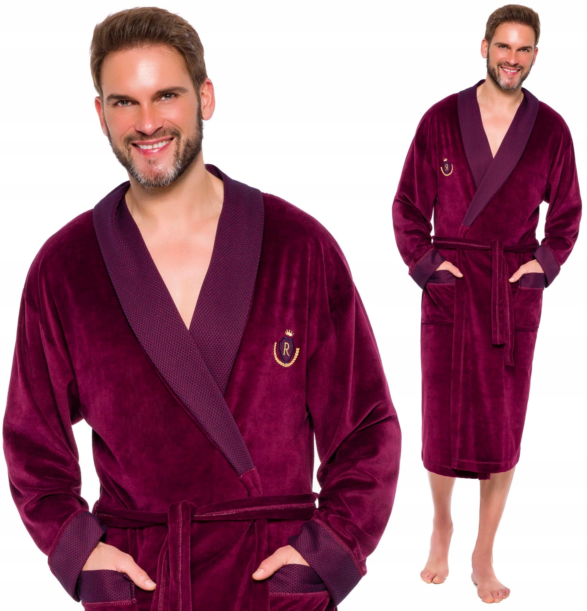 WELUROWY SZLAFROK MĘSKI - ATŁASOWY KOŁNIERZ L