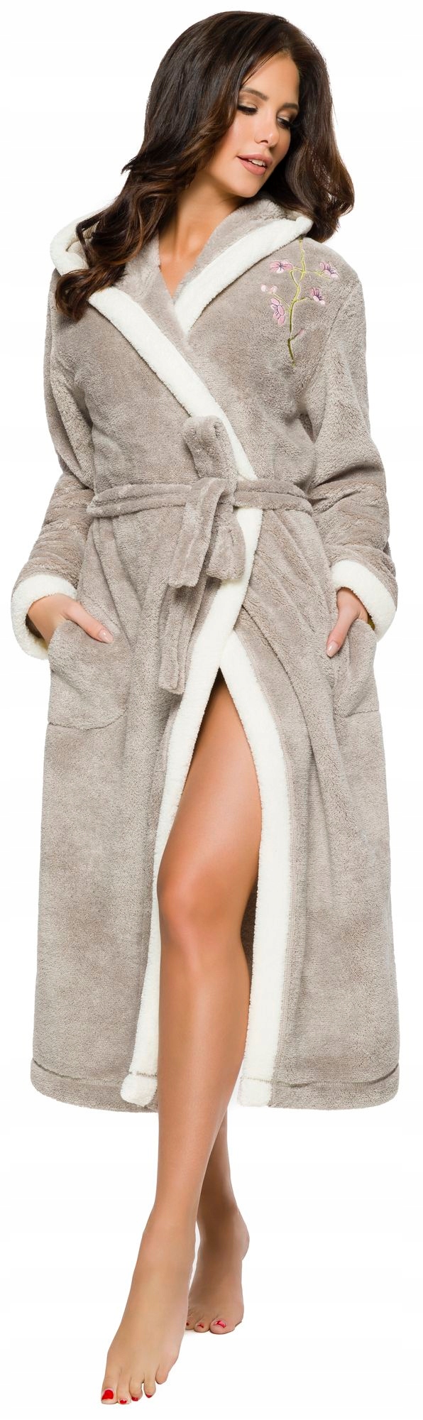 DŁUGI PUCHOWY DAMSKI SZLAFROK Z HAFTEM PODOMKA M Marka L&L