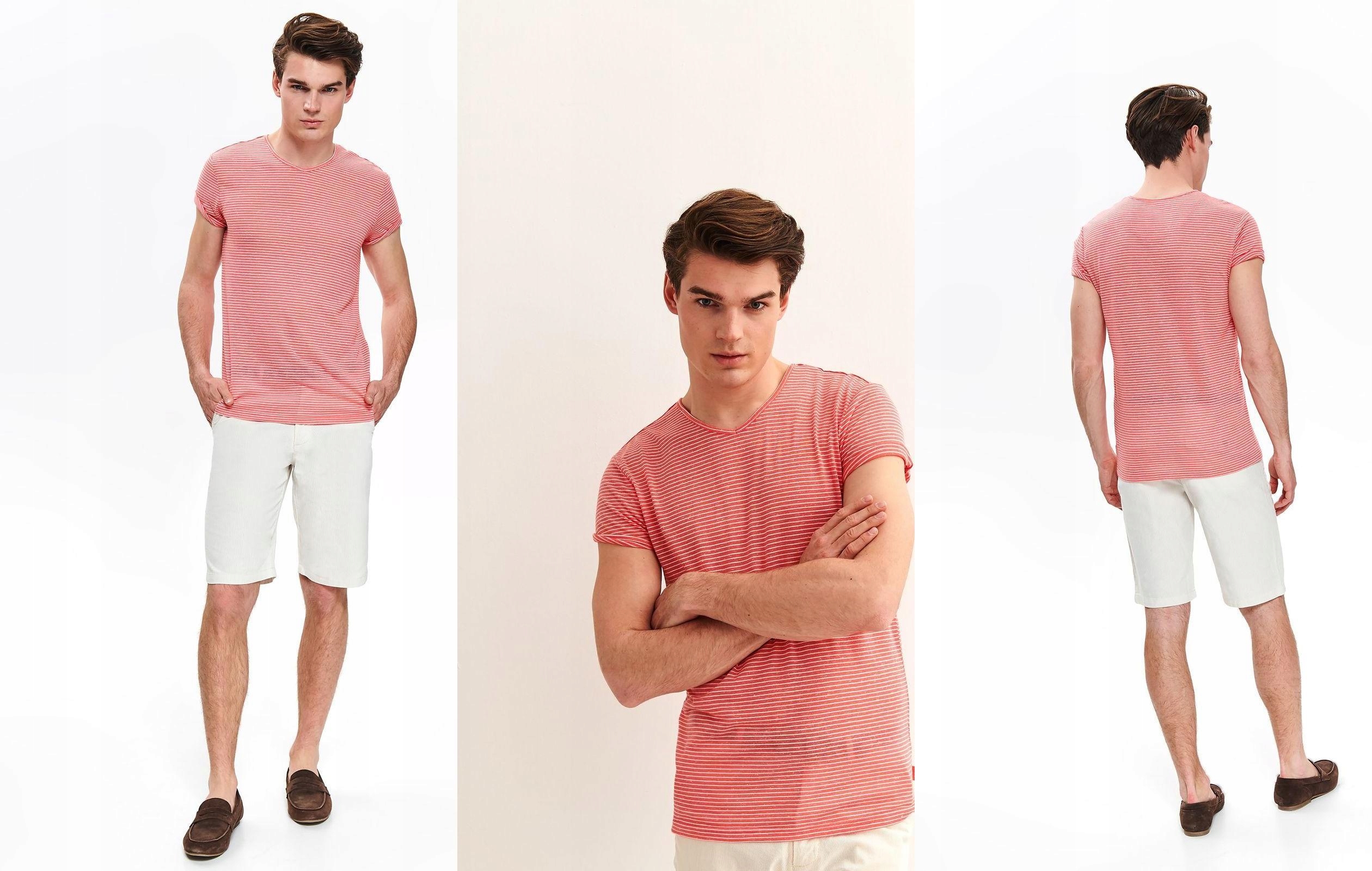 

M5607 Top Secret Różowy T-shirt Paski V-neck _XL