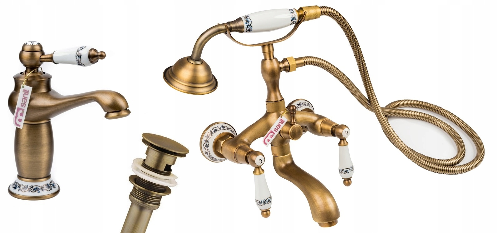 Retro sada umyvadlová vanová baterie zátka klik-klak staré zlato