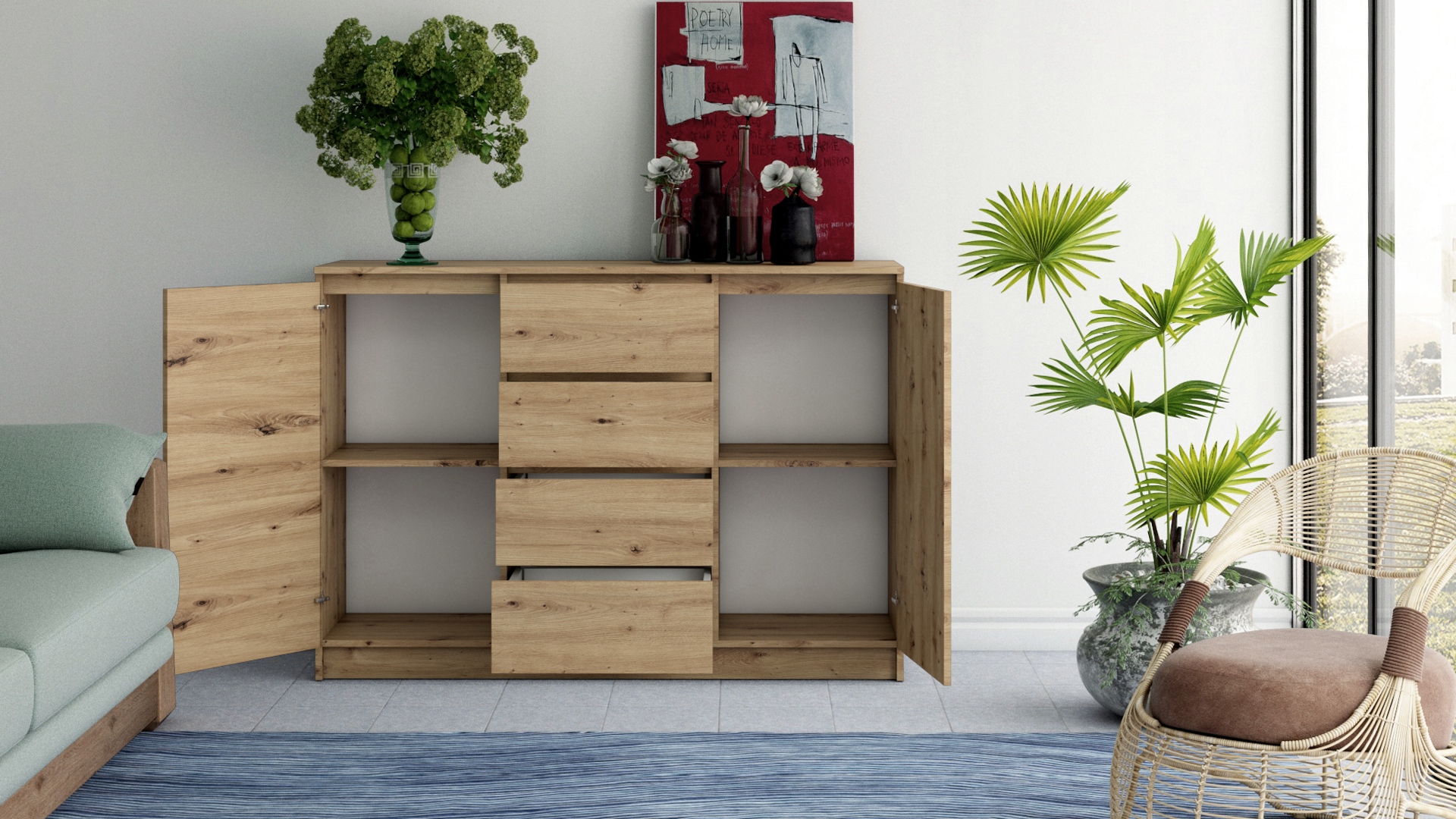 KOMODA 2D4S 120CM DĄB ARTISAN 4 SZUFLADY 2 DRZWI Kolor mebla Dąb artisan