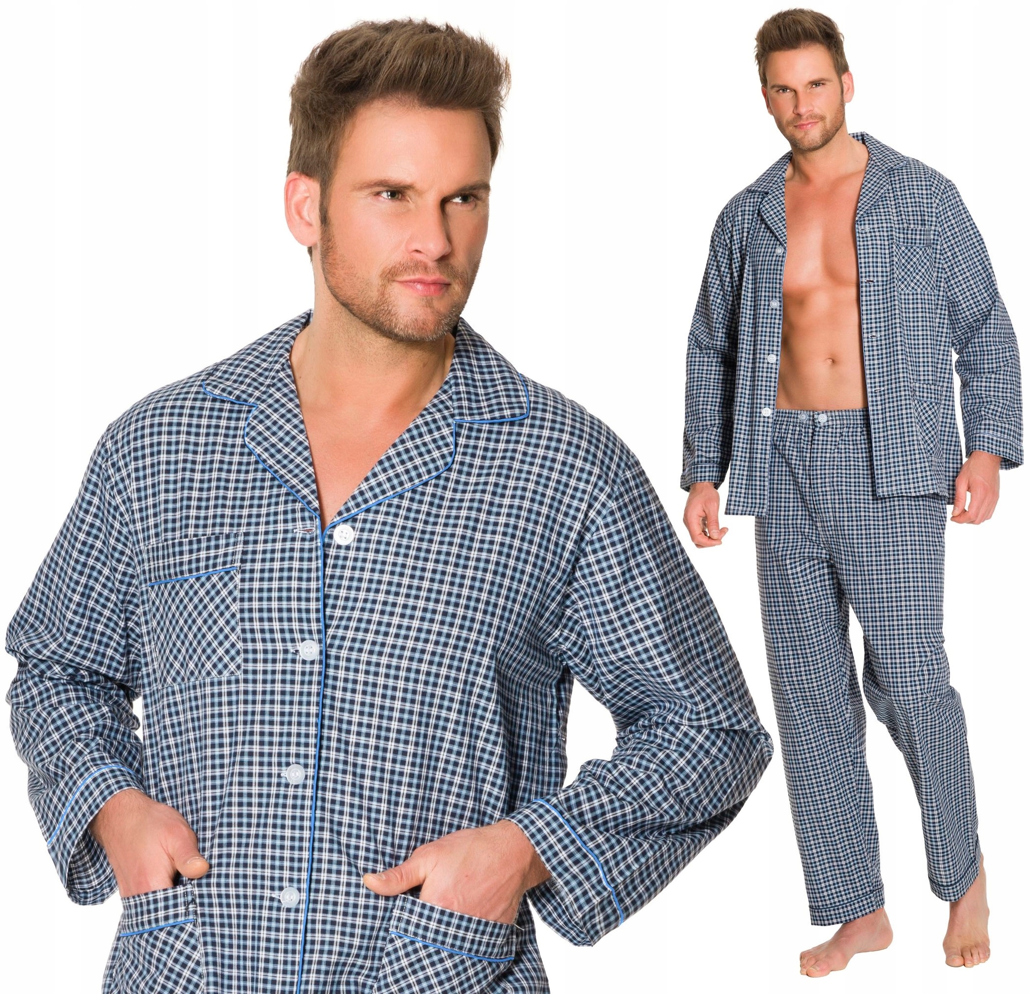 C5 ROZPINANA BAWEŁNIANA PIŻAMA MĘSKA W KRATKĘ L