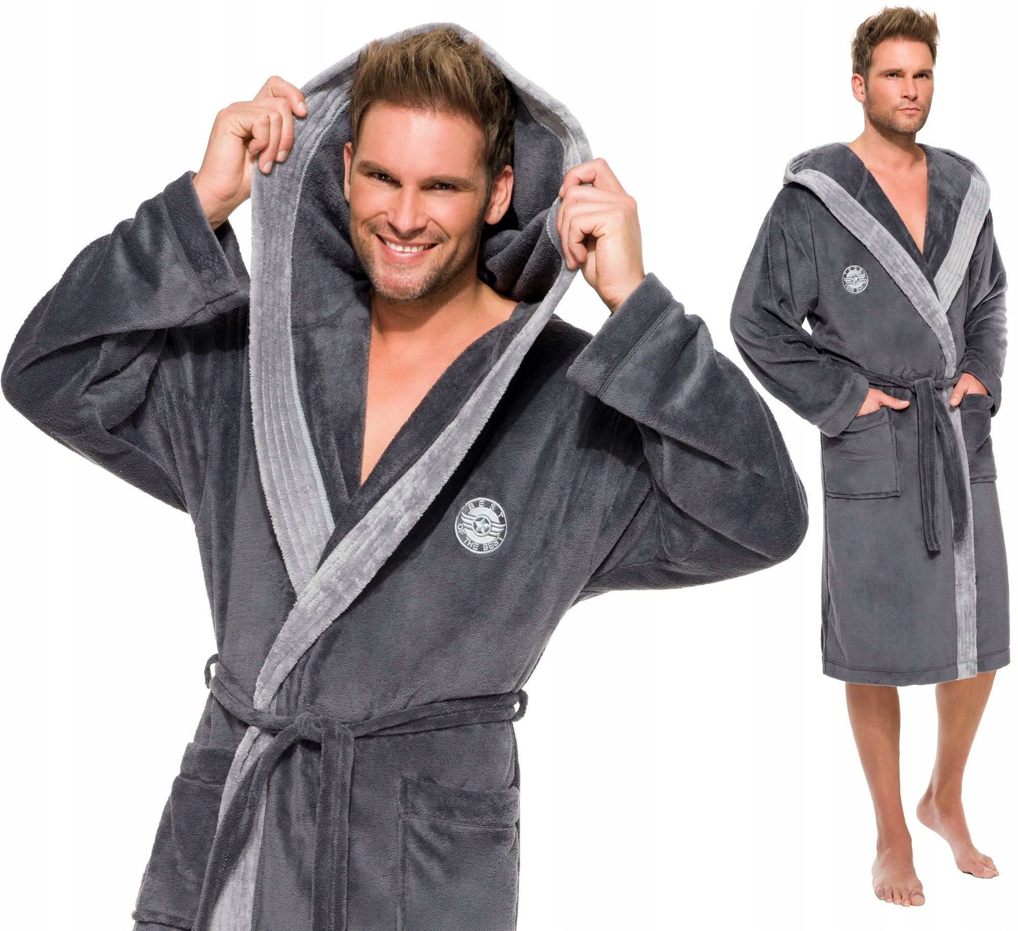 DŁUGI MIŁY CIEPŁY SZLAFROK MĘSKI Z KAPTUREM M